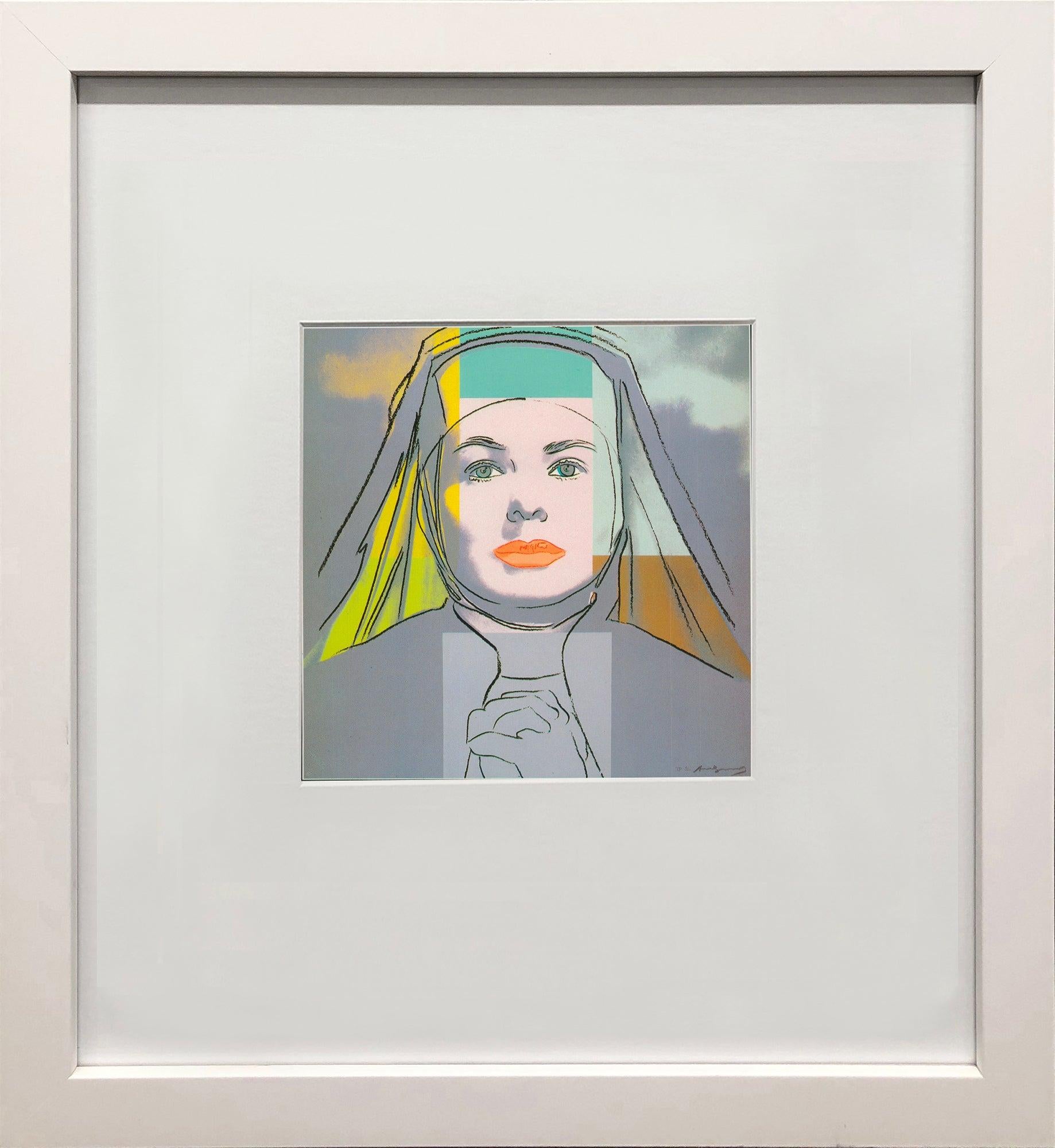 Portrait of Ingrid Bergman as a nun from "The Bells of St. Mary," rendered in Warhol's signature style published by Galerie Borjeson. Known for his bold, repetitive portrait style, Warhol transformed Bergman’s screen presence into pop culture art