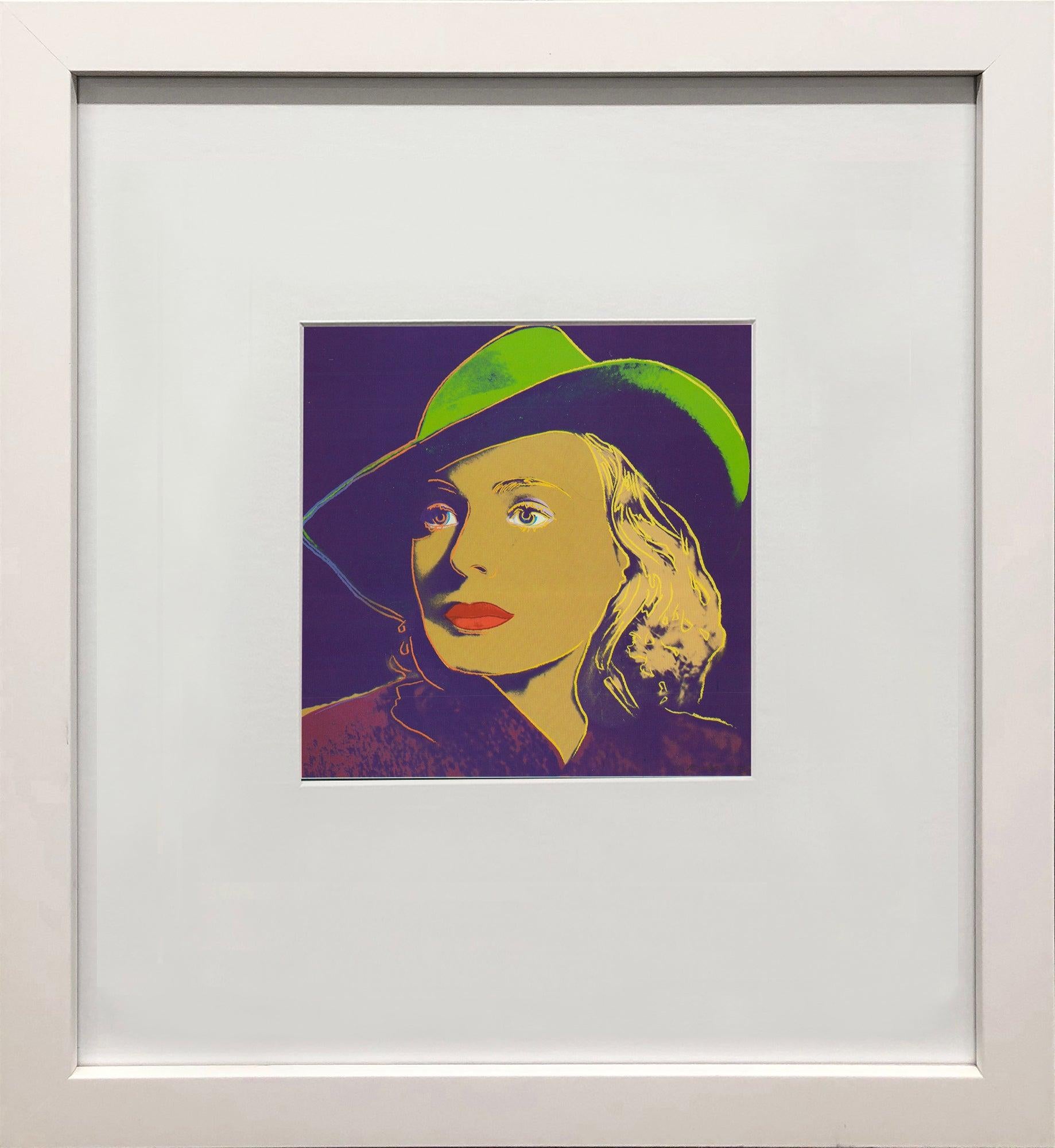 Portrait of Ingrid Bergman from "Casablanca" rendered in Warhol's signature style published by Galerie Borjeson. Known for his bold, repetitive portrait style, Warhol transformed Bergman’s screen presence into pop culture art through works that
