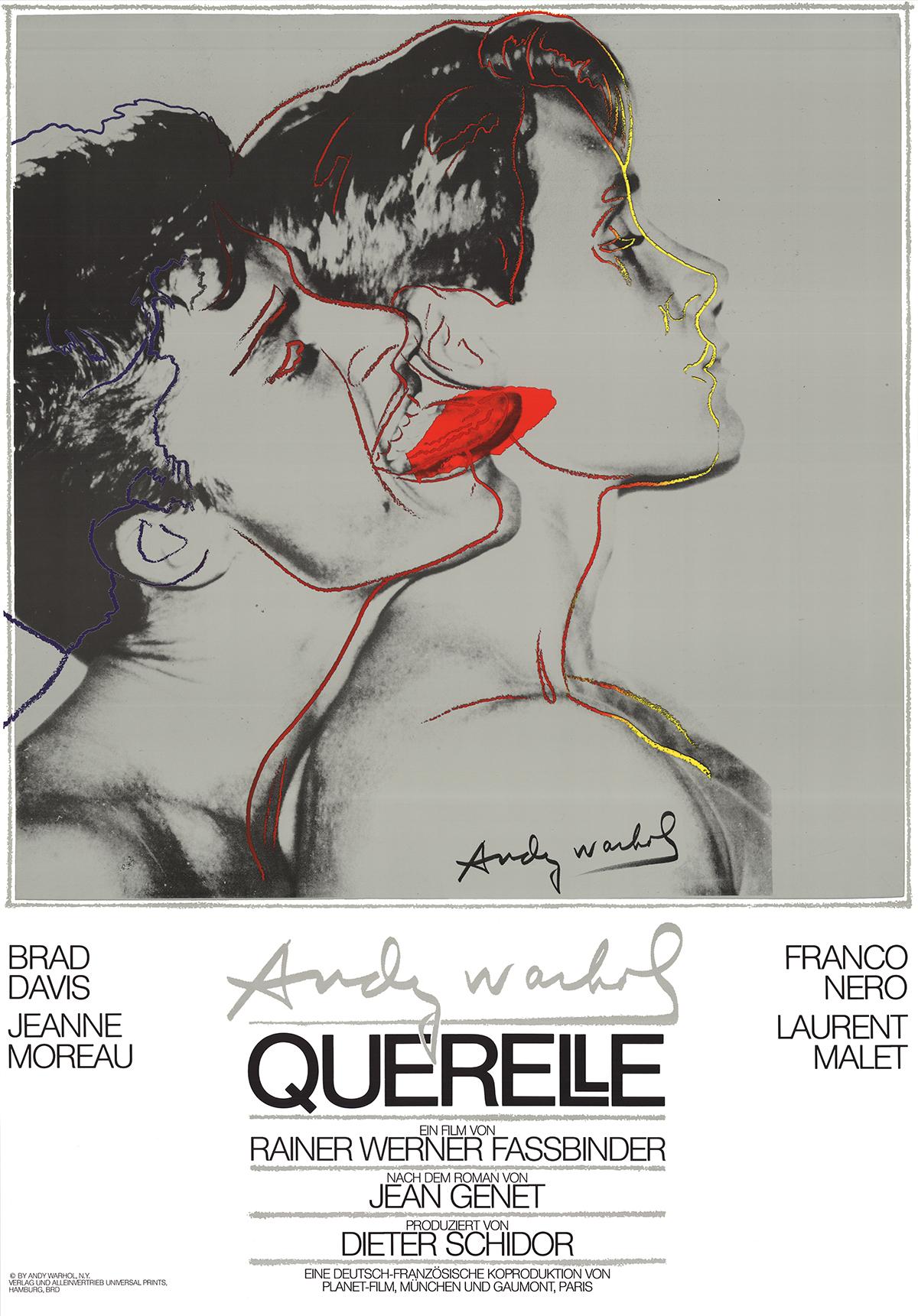 First edition poster for film "Querelle," directed by Rainer Werner Fassbinder that Warhol was commissioned for.  The film starred Brad Davis, Franco Nero, and Jeanne Moreau
