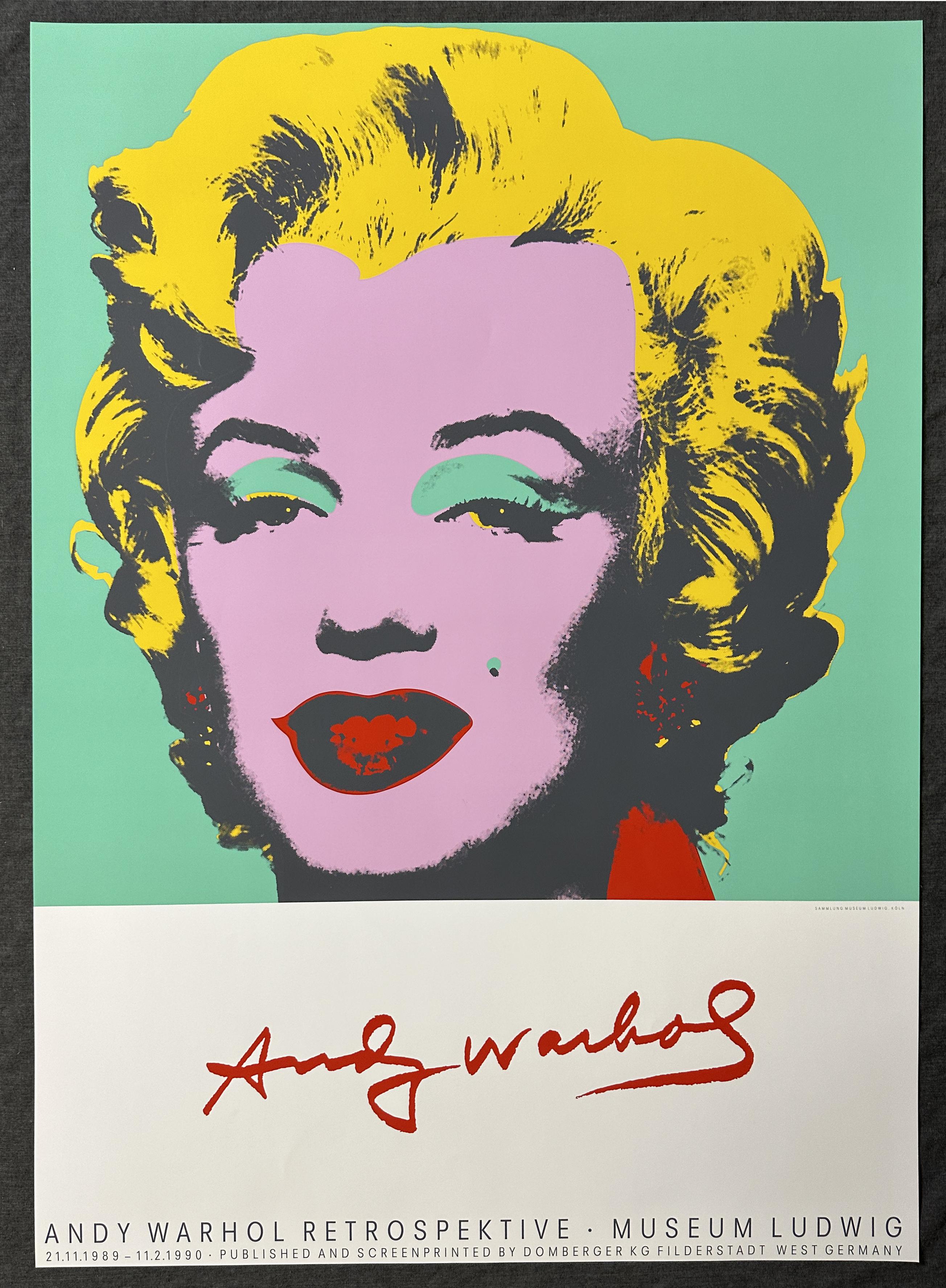 Andy Warhol retrospective exhibition at the Ludwig Museum in Cologne / Koln 
21 November 1989-11 February 1990 
Andy Warhol Retrospektive Museum Ludwig (established 1976). 
Published and screen printed by Domberger Kg Filderstadt, West Germany. 