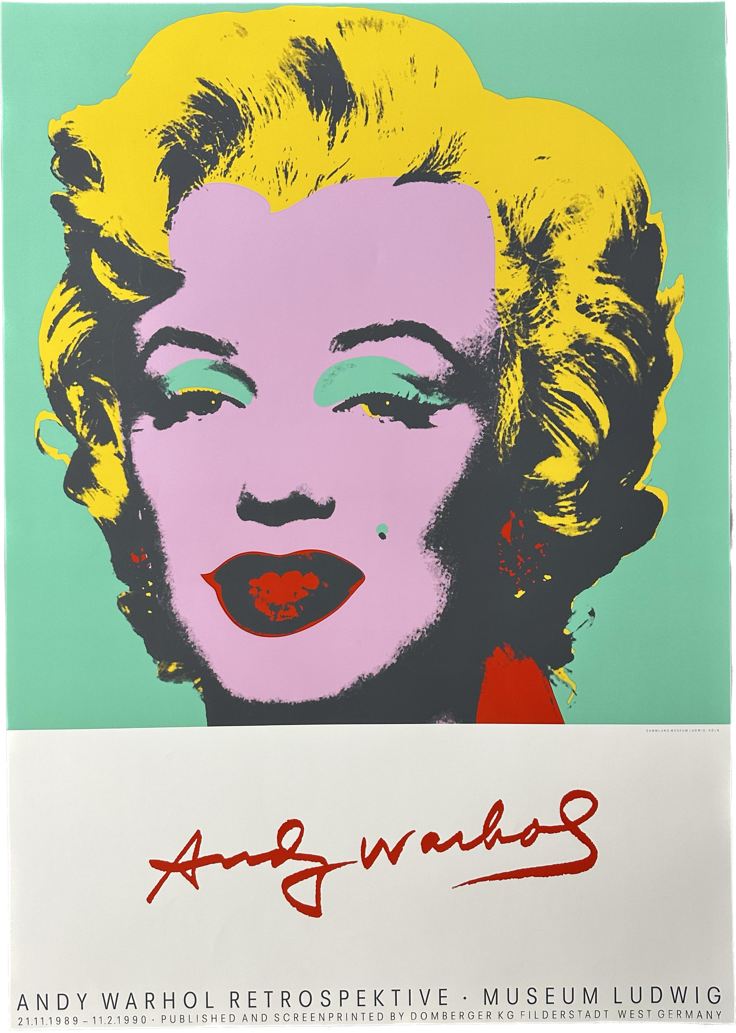 Andy Warhol retrospective exhibition at the Ludwig Museum in Cologne / Koln 
21 November 1989-11 February 1990 
Andy Warhol Retrospektive Museum Ludwig (established 1976). 
Published and screen printed by Domberger Kg Filderstadt, West Germany. 