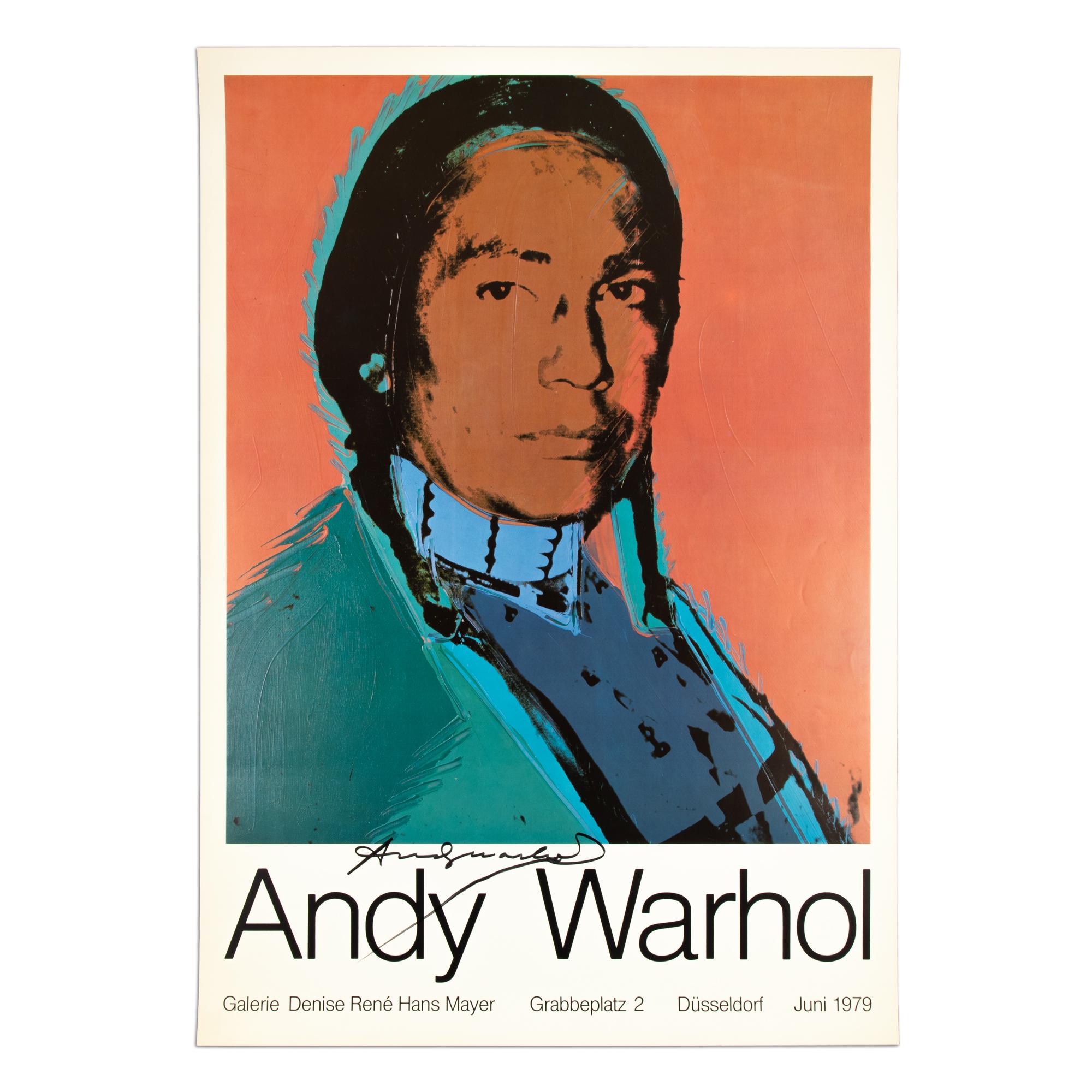 After Andy Warhol (1928-1987)
Russell Means (American Indian), 1979
Medium: Offset lithograph on paper (exhibition poster)
Dimensions: 33 x 23 1/4 inches (84 x 59 cm) 
Publisher: Galerie Denise René Hans Mayer, Düsseldorf
Markings: Hand-signed by
