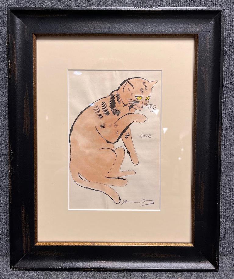 Andy Warhol's 'Sam, From 25 Cats Named Sam and One Blue Pussy' is a lithograph with hand coloring on laid Ticonderoga paper. Signed in pencil on lower right and beautifully framed. 

Please reach out with any questions!