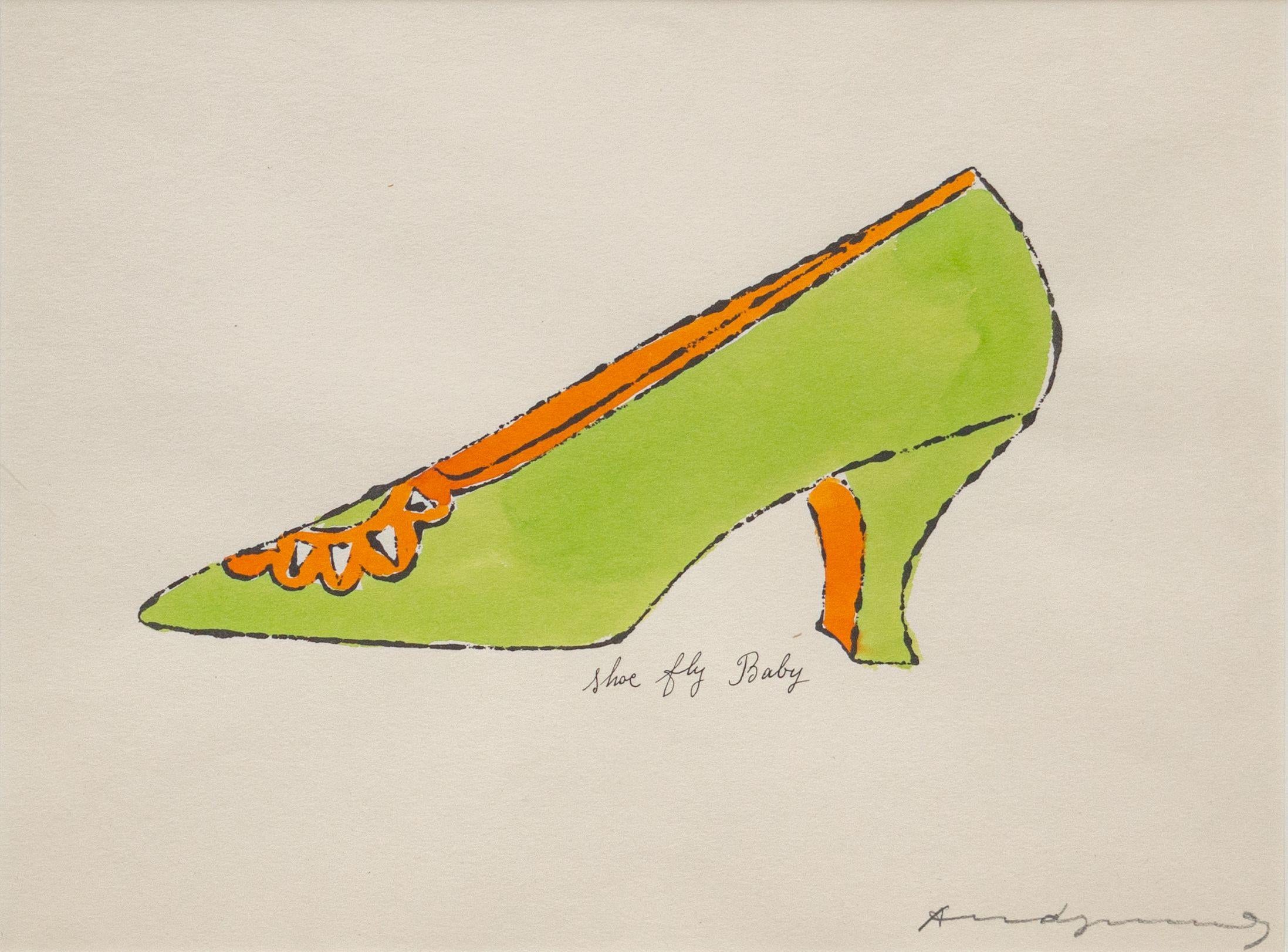 ANDY WARHOL (1928-1987)

Andy Warhol's 'Shoe Fly Baby' from A La Recherche du Shoe Perdu is an offset lithograph and watercolor on paper conceived in 1955. It is signed in pencil with full margins, measuring 9 3/4 x 13 3/4 in. This beautiful piece