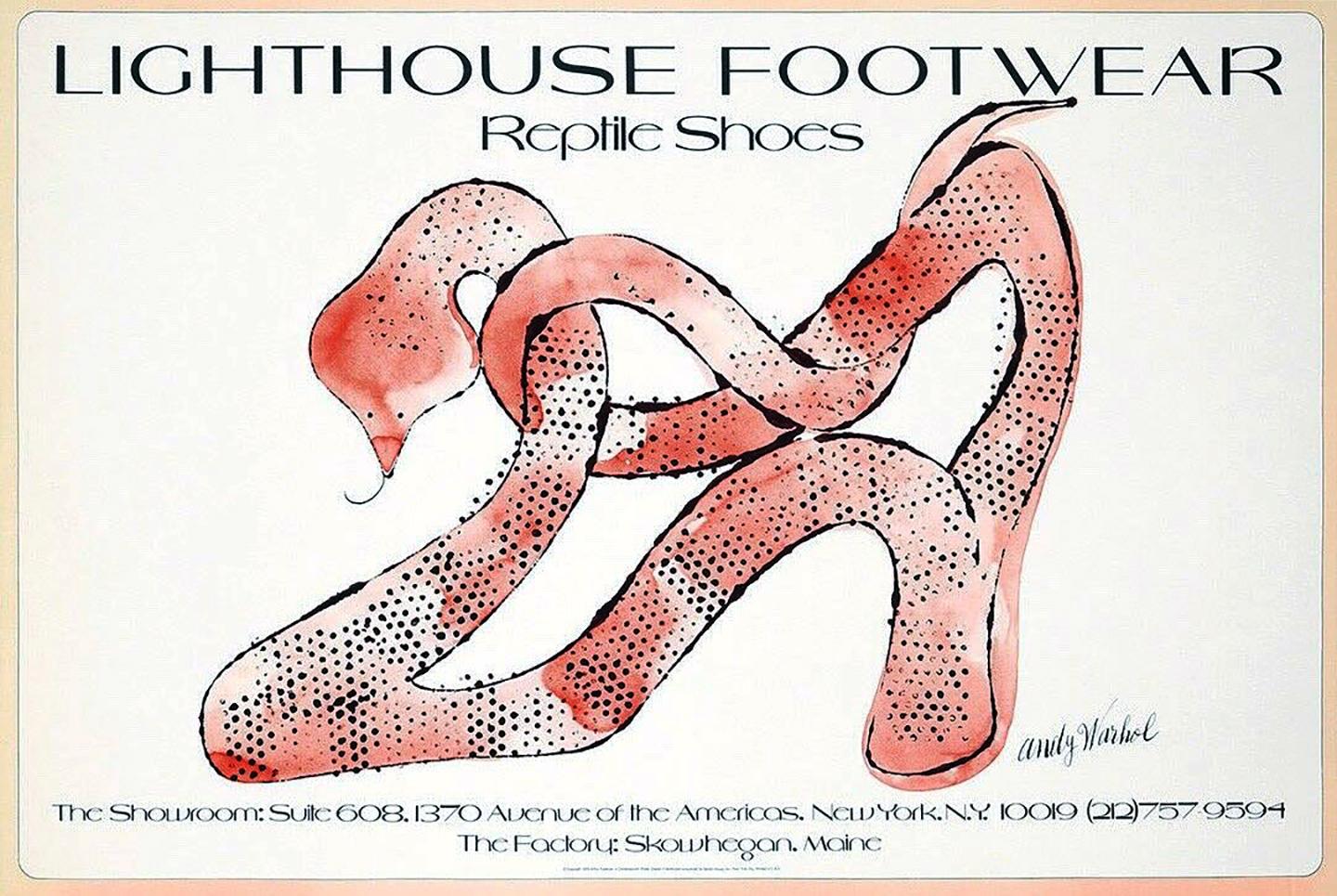 Andy Warhol illustrated advertising poster New York, 1979:
1970s Andy Warhol illustrated "Lighthouse Footwear Reptile Shoes," poster (New York, 1979). An elegant & well-sized vintage Andy Warhol poster executed during the artist’s lifetime. Warhol