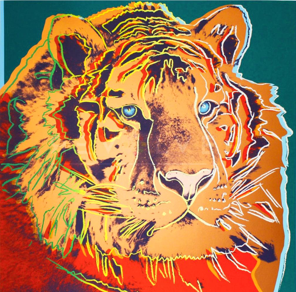 Siberian Tiger 297 by Andy Warhol is one in a series of 10 screen prints which comprise the 'Endangered Species' portfolio. Warhol’s Siberian Tiger print exemplifies Warhol's signature style with layers of contrasting colors behind detailed sketches