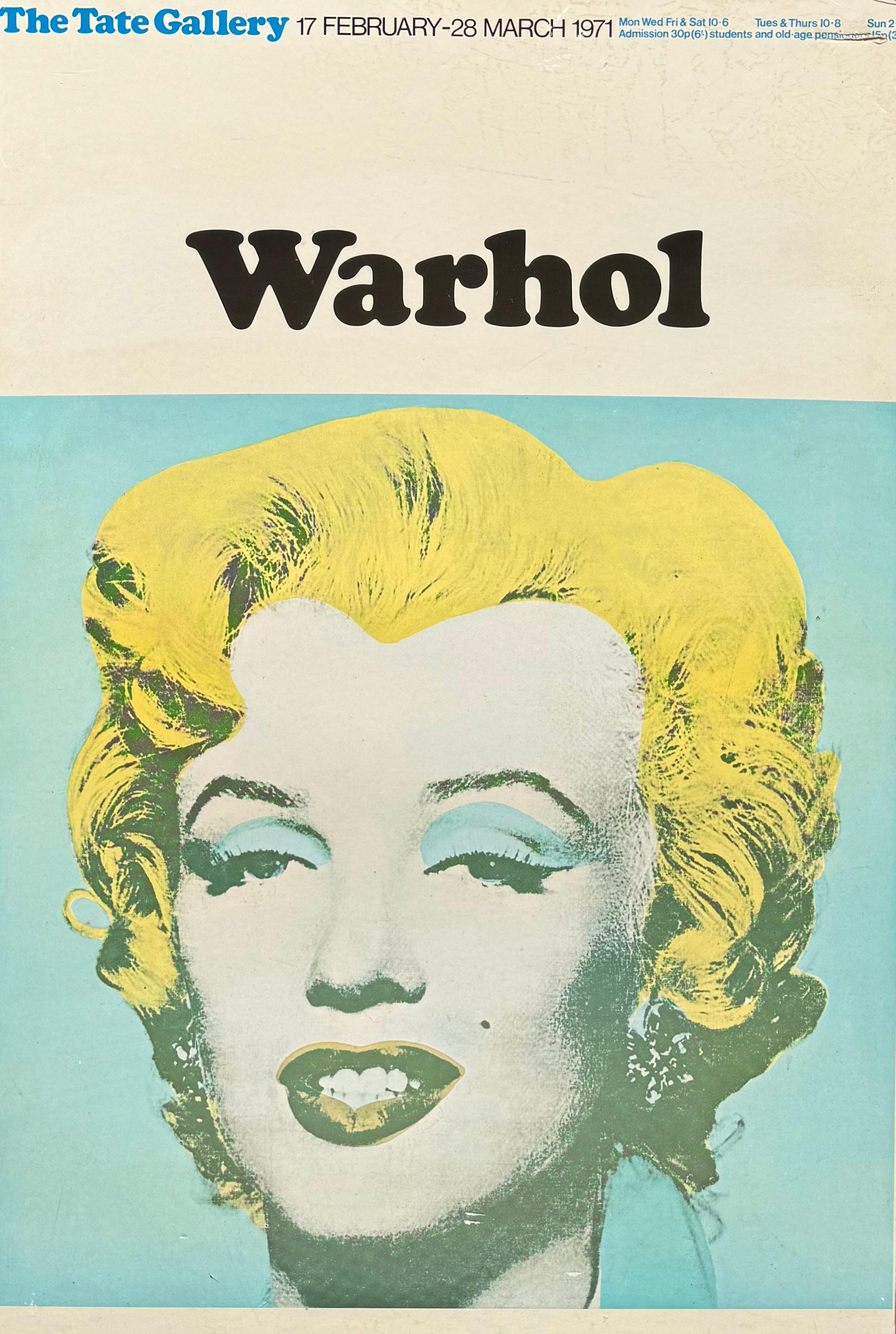 This is a vintage exhibition poster for an Andy Warhol exhibition held at The Tate Gallery in London from February 17 to March 28, 1971.  The poster features Andy Warhol's iconic image of Marilyn Monroe, based on a publicity photograph from her 1953
