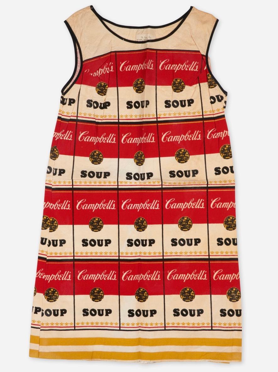 Andy Warhol The Souper Dress c. 1965-1967:
Inspired by Andy Warhol’s Campbell’s Soup Cans, this dress was sold by the Campbell’s Soup Company in the late 1960s as a form of advertisement, combining the fad of paper dresses with Warhol’s popularizing