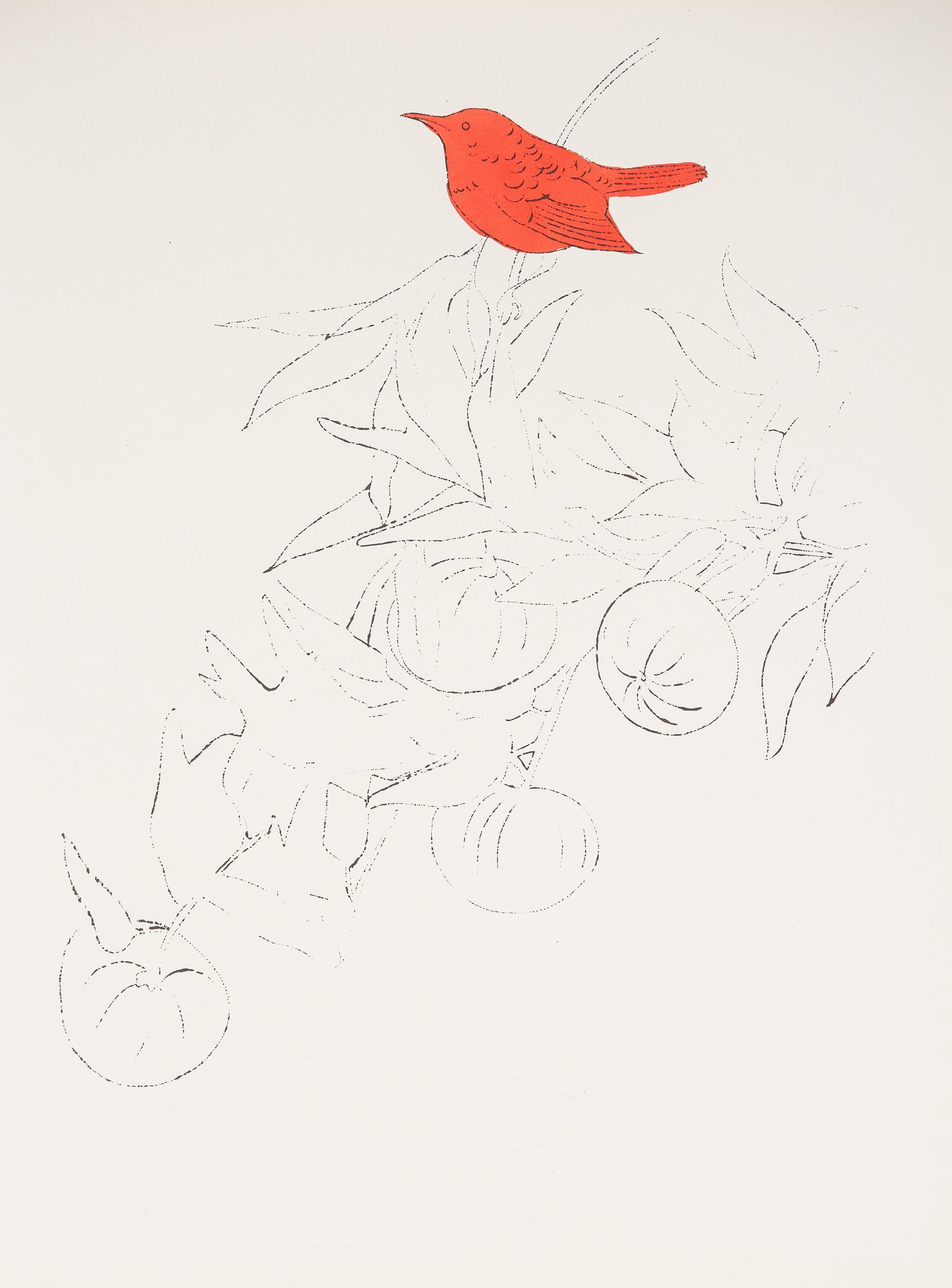 Oiseau sur une branche de fruits, lithographie offset colorée à la main à l'aquarelle 7
