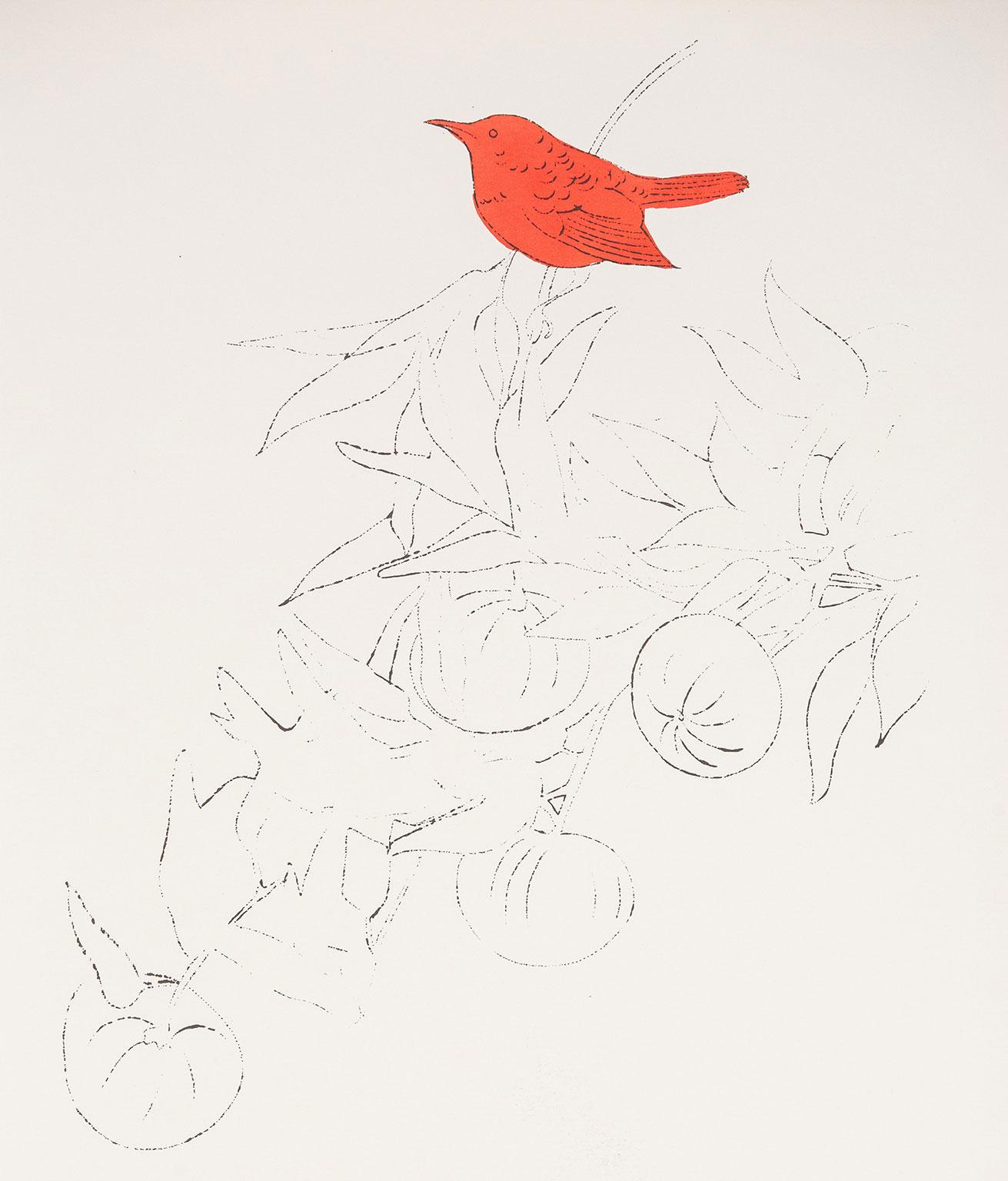 Oiseau sur une branche de fruits, lithographie offset colorée à la main à l'aquarelle - Pop Art Print par Andy Warhol