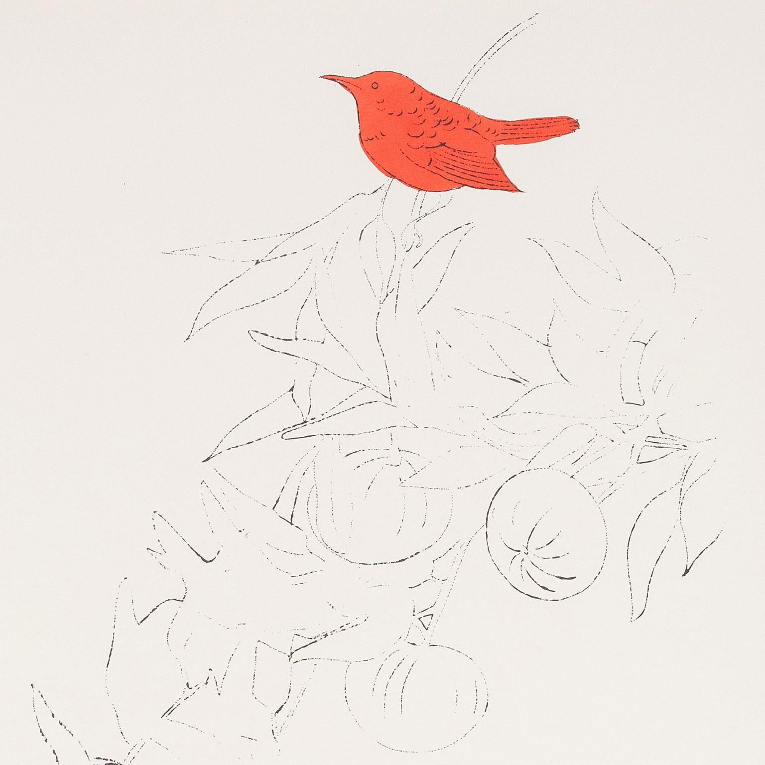 Oiseau sur une branche de fruits, lithographie offset colorée à la main à l'aquarelle 1
