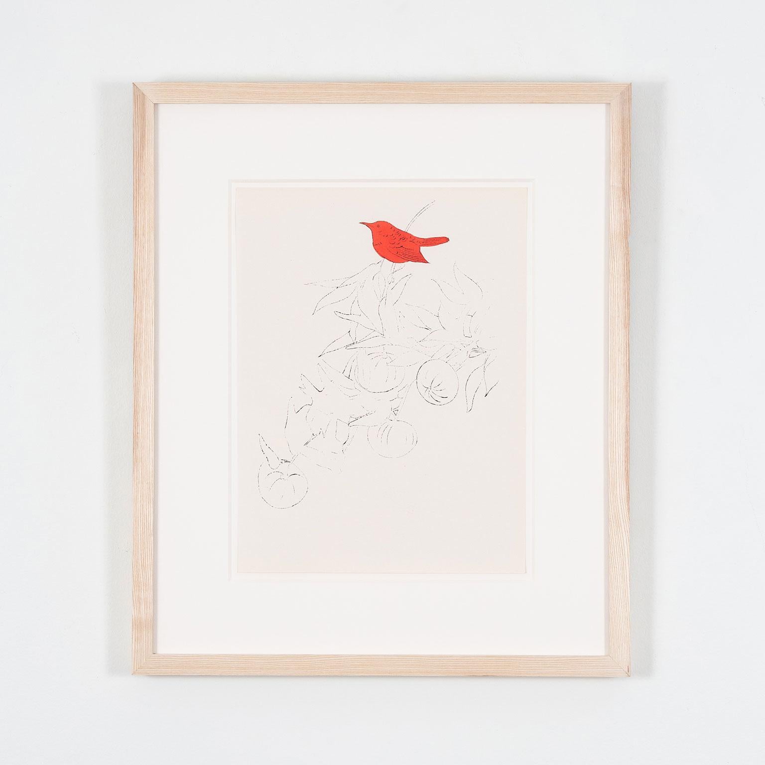 Bird on a Fruit Branch, Offset lithograph with hand coloring in watercolor - Print by Andy Warhol