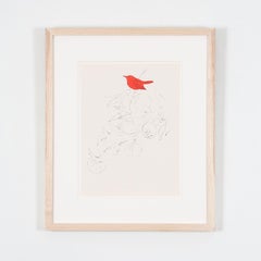 Oiseau sur une branche de fruits, lithographie offset colorée à la main à l'aquarelle
