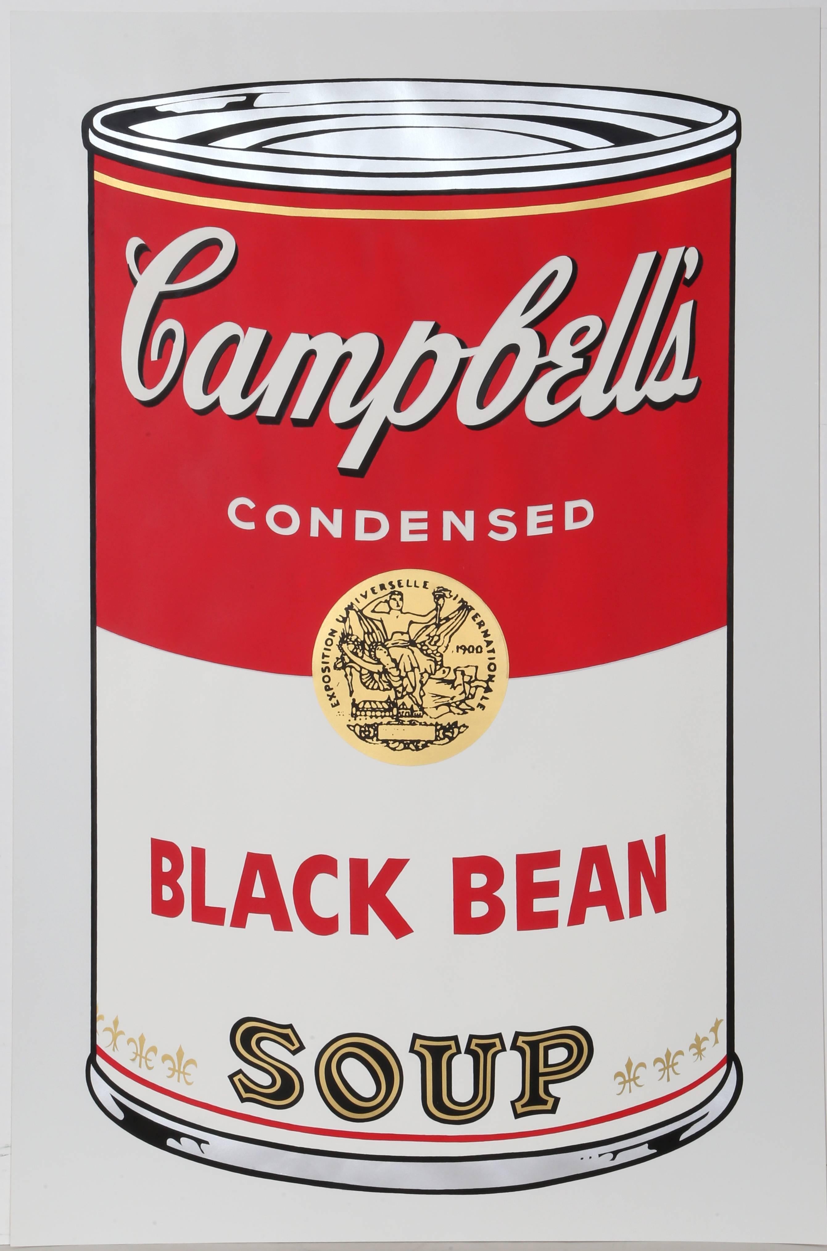 Artist:	Andy Warhol
Title:	Black Bean from Campbells Soup I (FS.II.44)
Year: 1968
Medium:	Screenprint, signed in ball-point pen verso
Edition:	173/250 (stamped verso)
Size:	35 x 23 inches ; (88.9 x 58.4cm)
Frame Size: 43.5 x 41.5 inches

Printer: