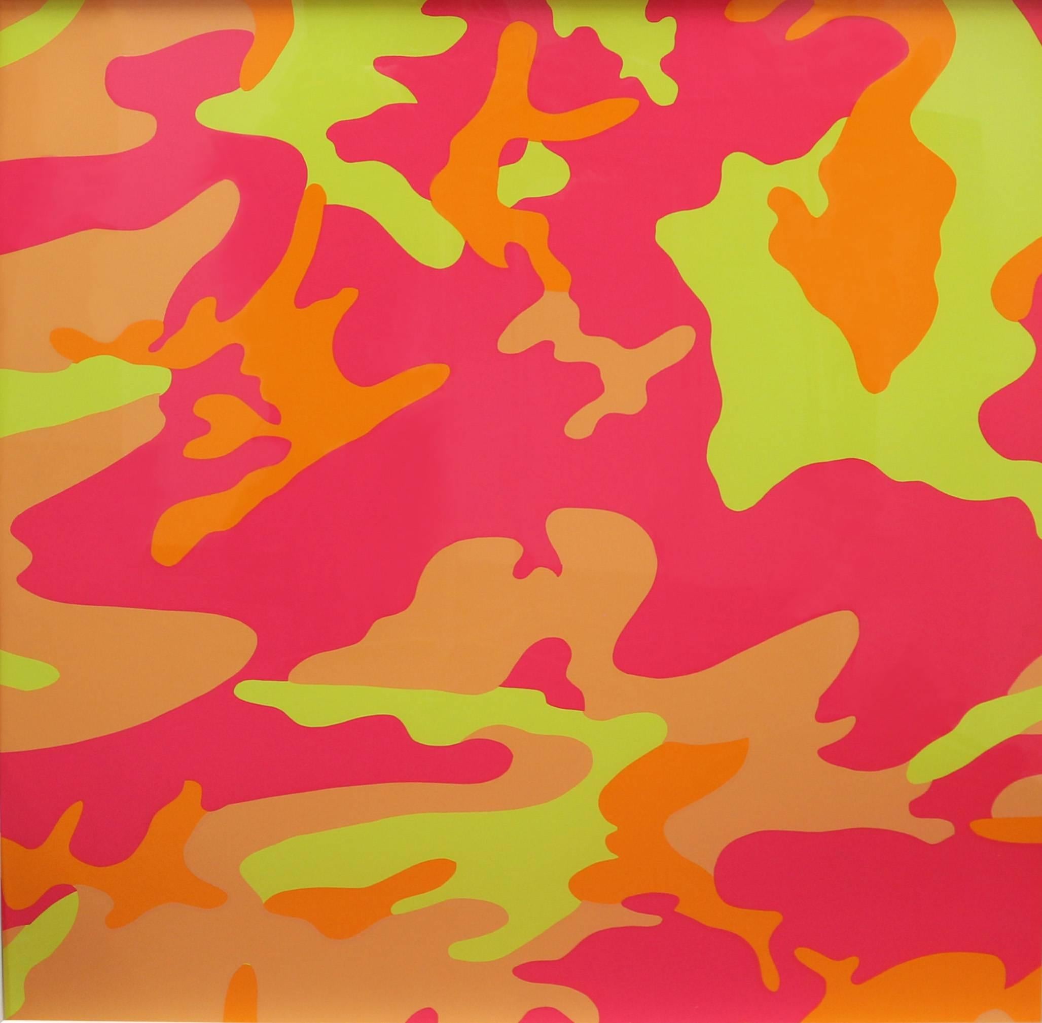 Andy Warhol’s Camouflage is his final portfolio of screenprints produced before his death in 1987. Warhol put a pop art twist on the recognizable pattern used for American military uniforms with by printing it in his trademark vibrant colors. The