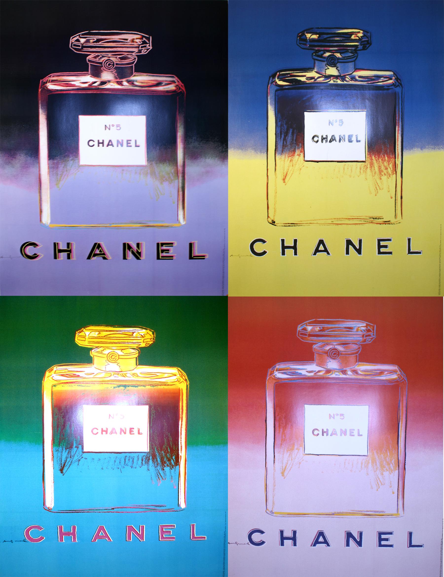 This is a complete set of four original vintage posters created in the 1990's for Chanel No. 5 Perfume. Each poster uses an image created by the American artist, Andy Warhol (1928 -1987), who was a major artist in the Pop Art movement. These posters