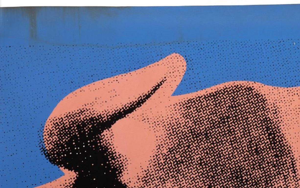 Farbsiebdruck auf Tapete, 1976.  Mit dem gedruckten Text am linken Rand 