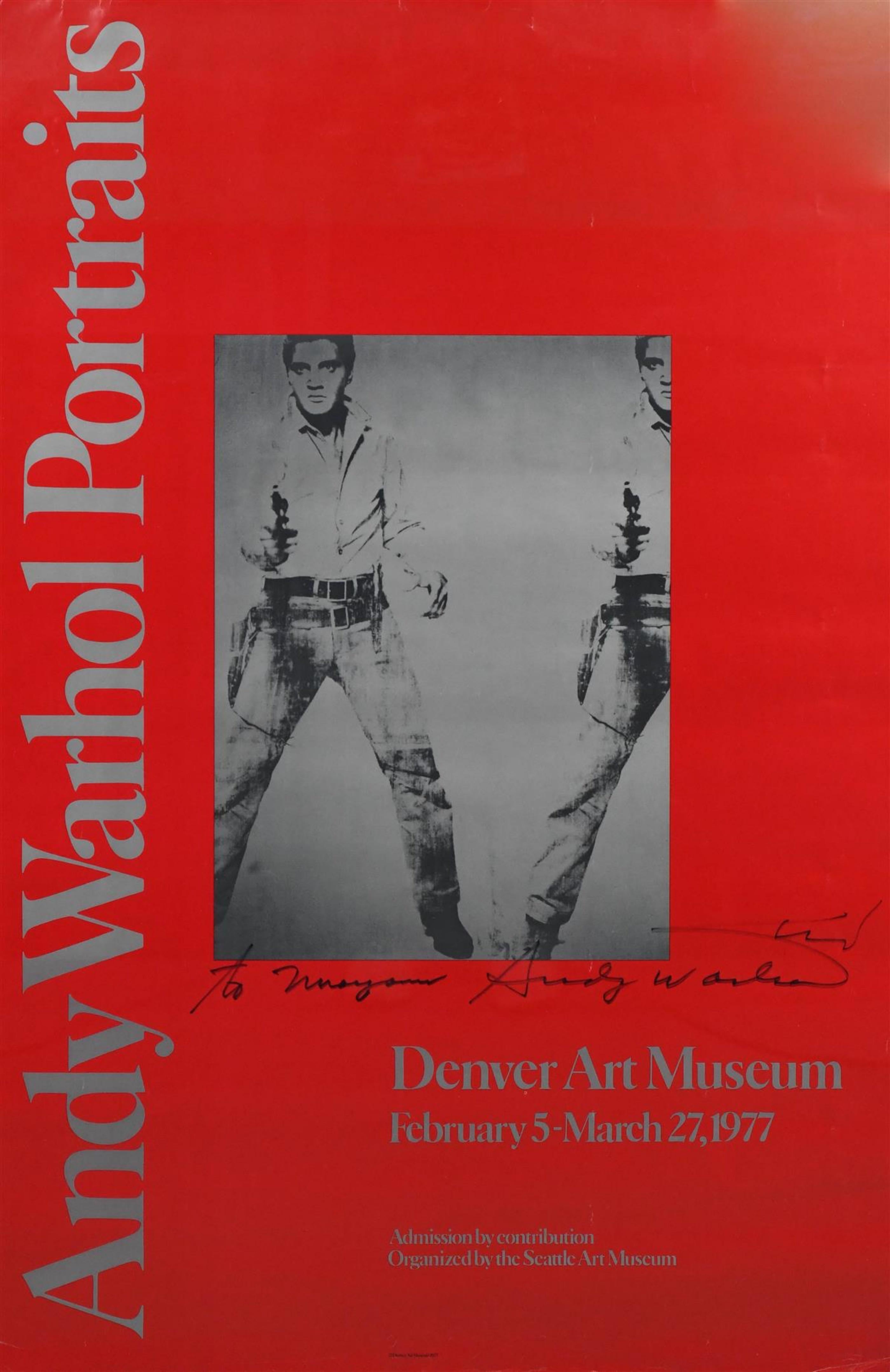 Andy Warhol
Affiche de l'exposition Andy Warhol au Denver Art Museum
Double Elvis (Inscrit à Maryanne et signé deux fois à la main par Andy Warhol), 1977
Signé à la main et dédicacé par Andy Warhol (de la succession de Rick Collar)
Signée deux fois