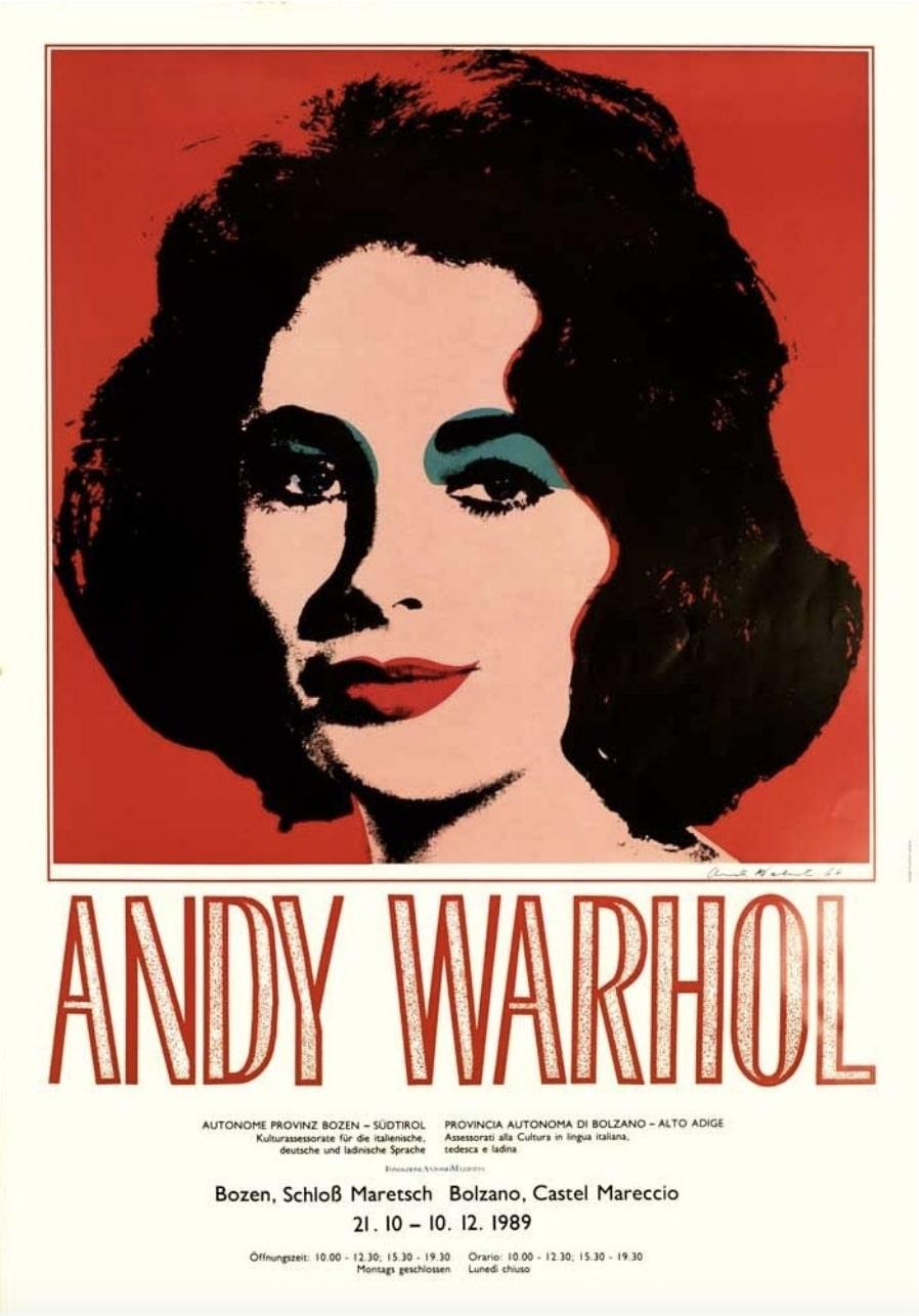 Original vintage exhibition poster made for the exposition of Any Warhol in 1989 at the Castello Mareccio in the Province of Bolzano Italia. The exhibition was one of many done by the Foundation Antonio Mazzotta at different locations in Italy. The