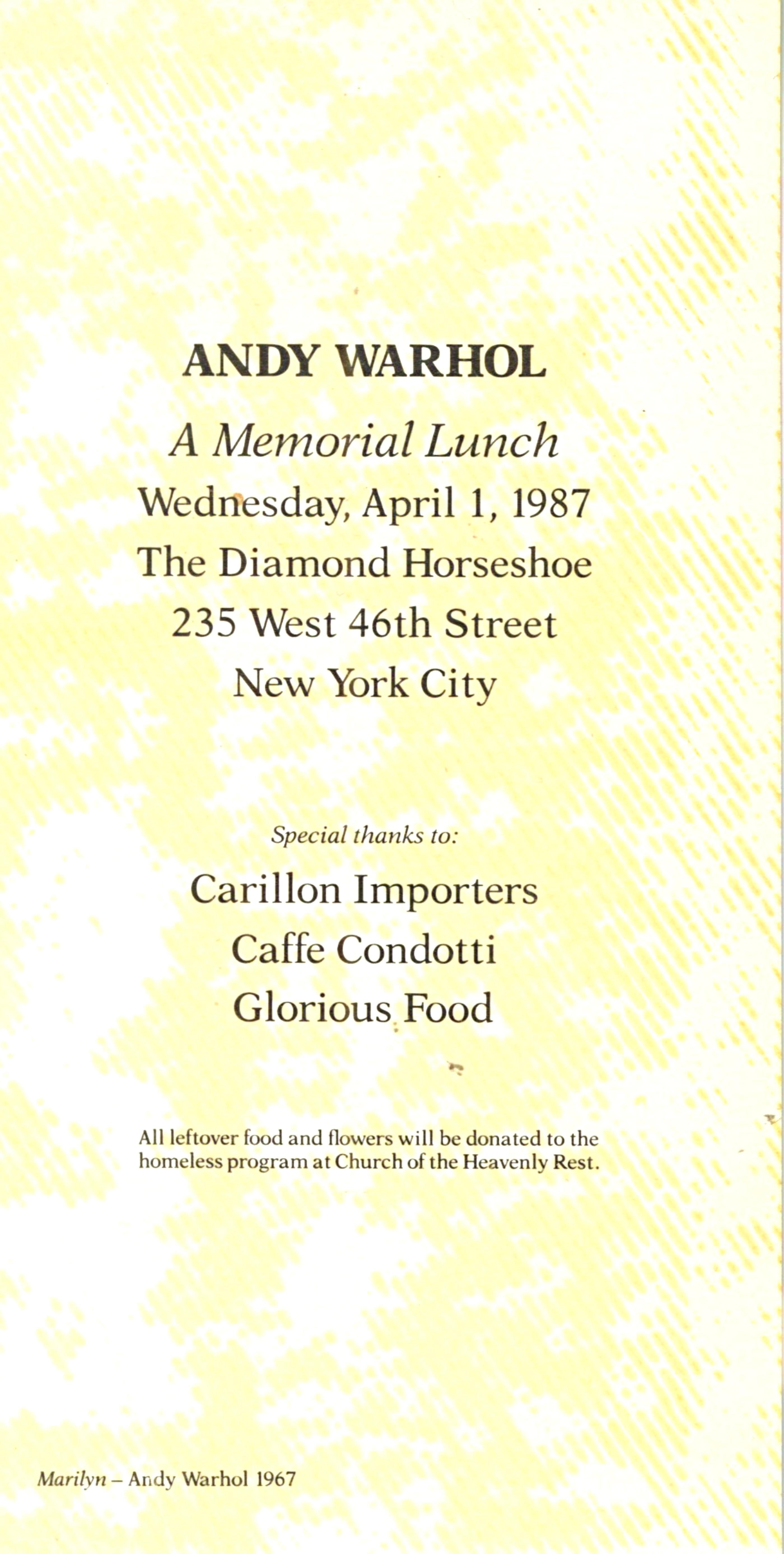 Exclusive Invitation Card to Andy Warhol Memorial Lunch from Estate of Tim Hunt For Sale 1
