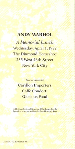 Exclusive Invitation Card to Andy Warhol Memorial Lunch from Estate of Tim Hunt