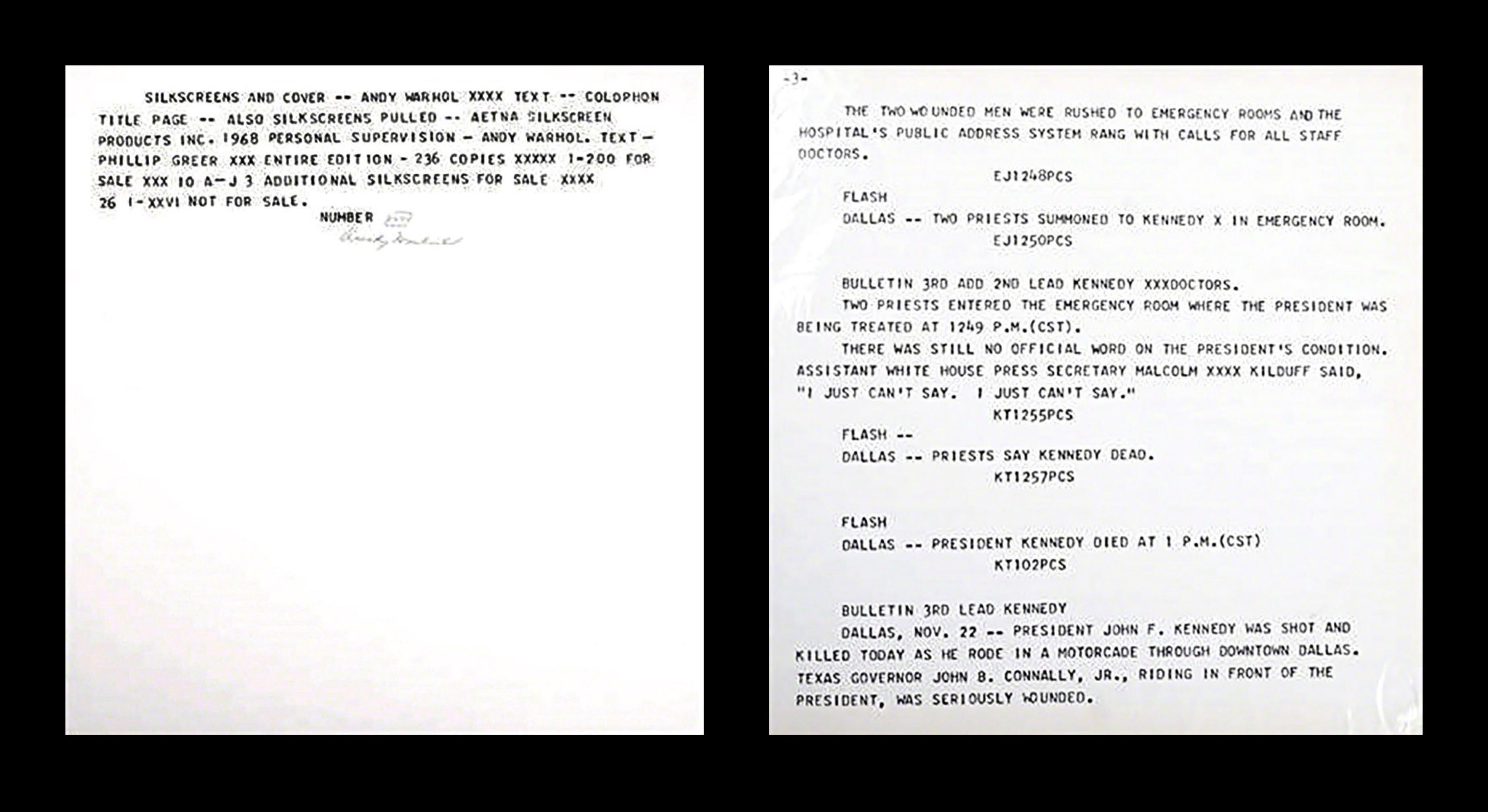 Andy Warhol Abstract Print – Flash Portfolio colophon Seite, JFK Assassination (Handsigniert)
