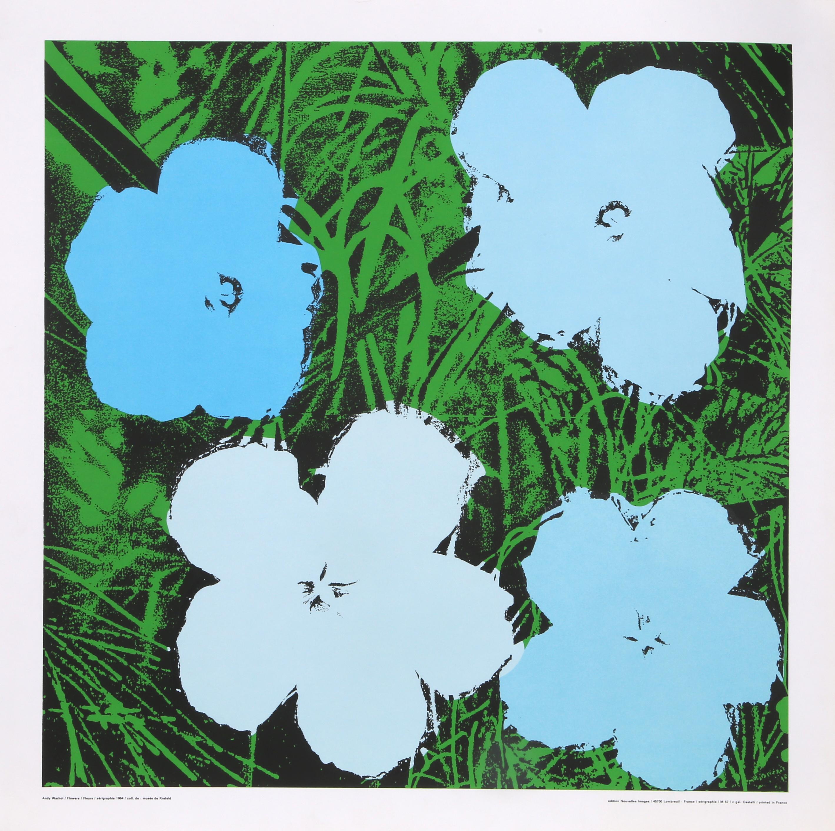 This screenprint poster by Andy Warhol features the iconic four flowers motif that he regularly used for a variety of prints and paintings. These four flowers appear on a green background and are all different shades of light blue.

Flowers