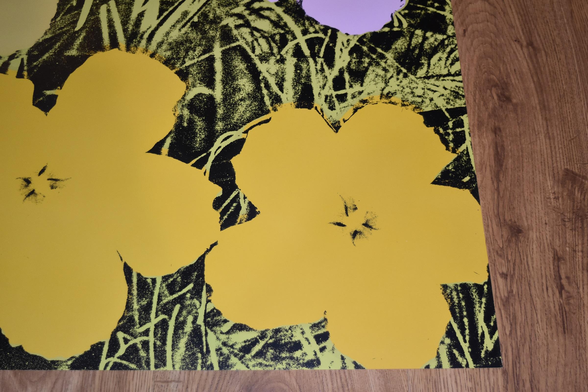 Dieser Andy-Warhol-Druck zeigt eine Reihe gelber, violetter und orangefarbener Blumen in einem Bett aus grünem Gras.  Dieser florale Pop-Art-Original-Siebdruck auf Papier ist garantiert authentisch und wird vom Künstler handsigniert.

Künstler: 