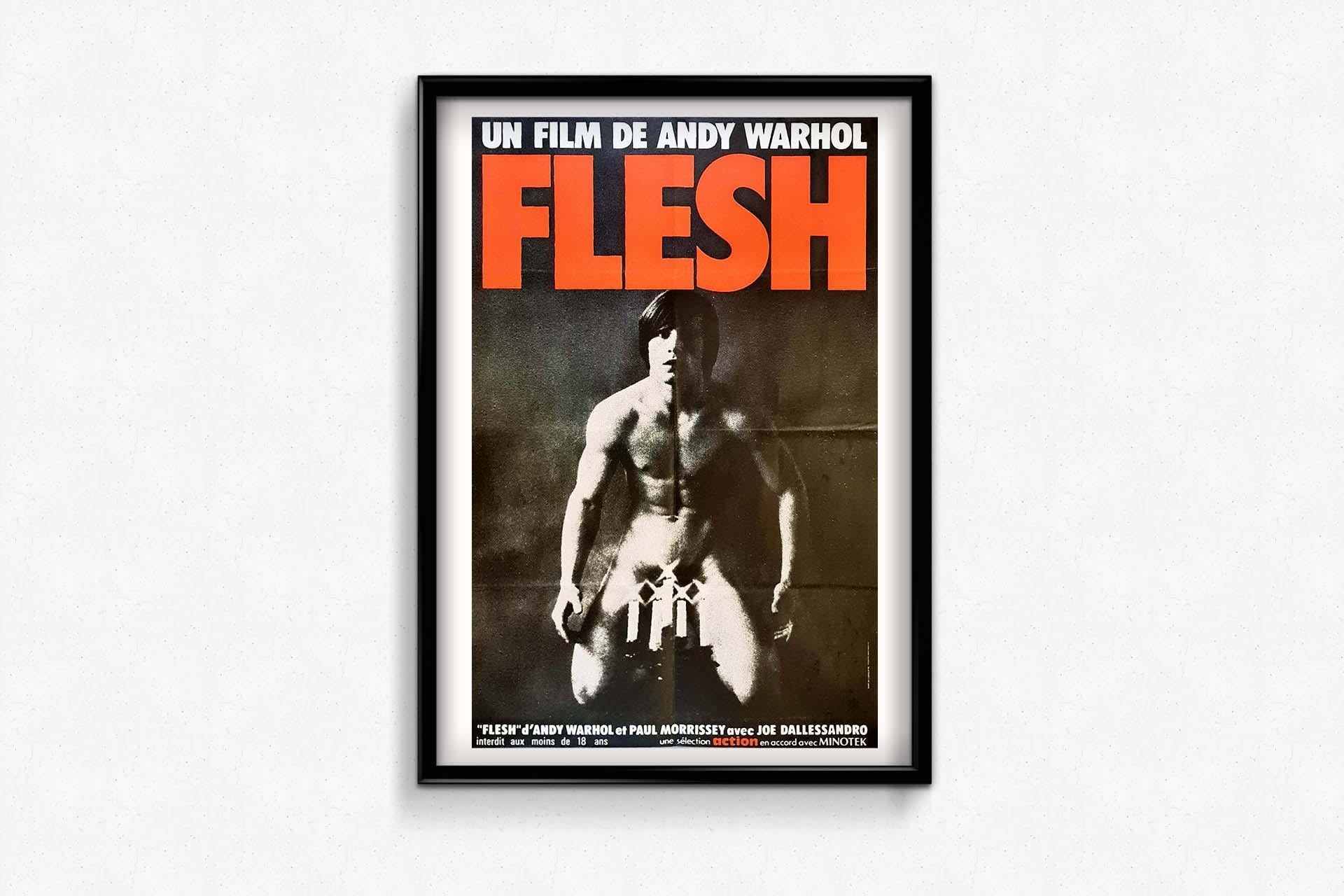 Movie Poster

Flesh is a 1968 American film directed by Paul Morrissey.

It features Joe Dallesandro as a hustler working the streets of New York.
It features several Warhol superstars, and marks the film debut of Jackie Curtis and Candy