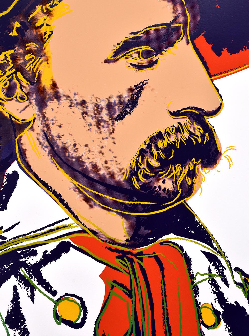 Andy Warhol General Custer, 1986 portrays the Civil War figure in his personalized uniform. This work is mostly comprised of red, white, and blue, as well as some gold details, emphasizing his American identity. His persona is alienating and aloof