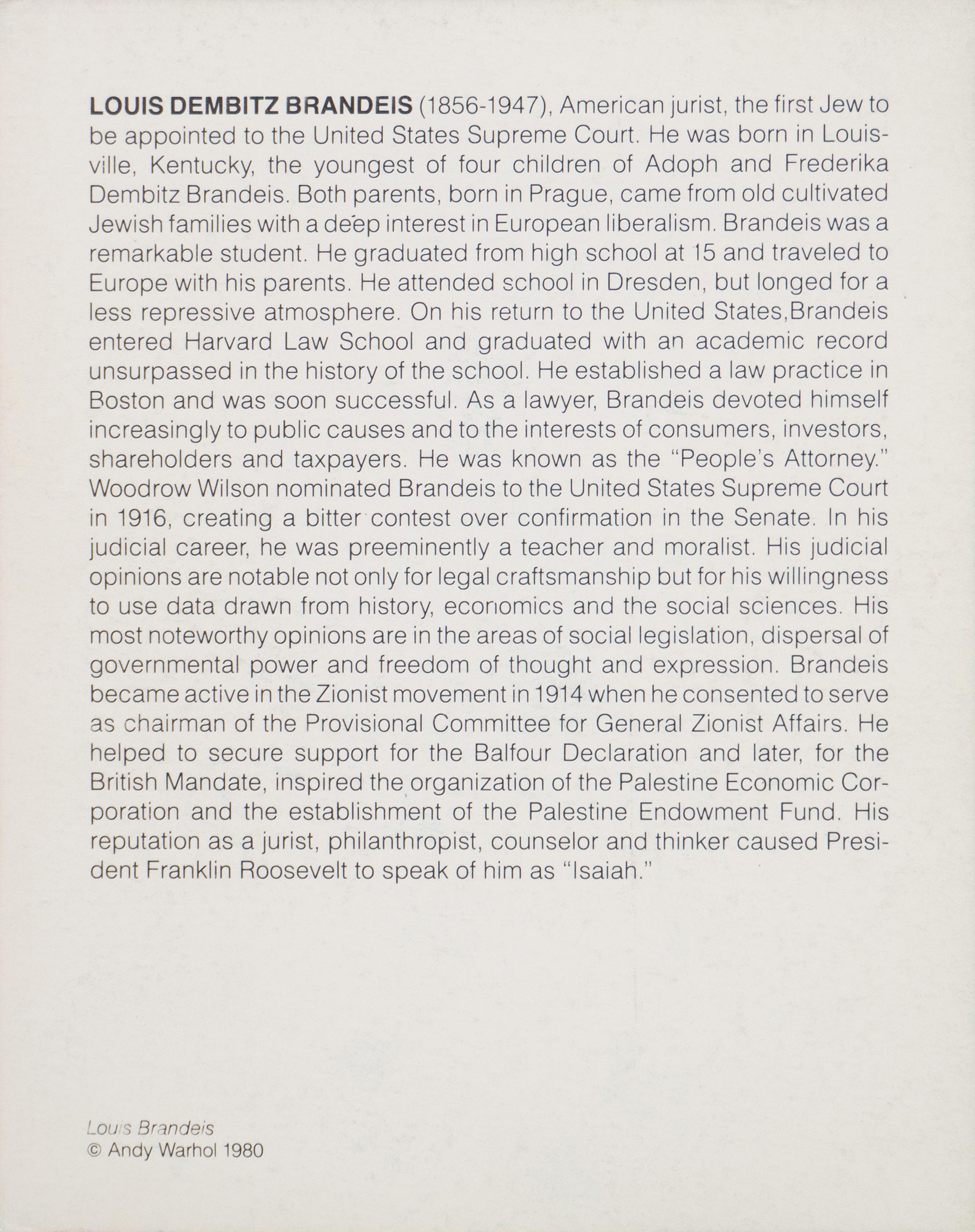 Louis Brandeis', Pop Art, Firmado a mano por Warhol, Derecho, Juez del Tribunal Supremo 2