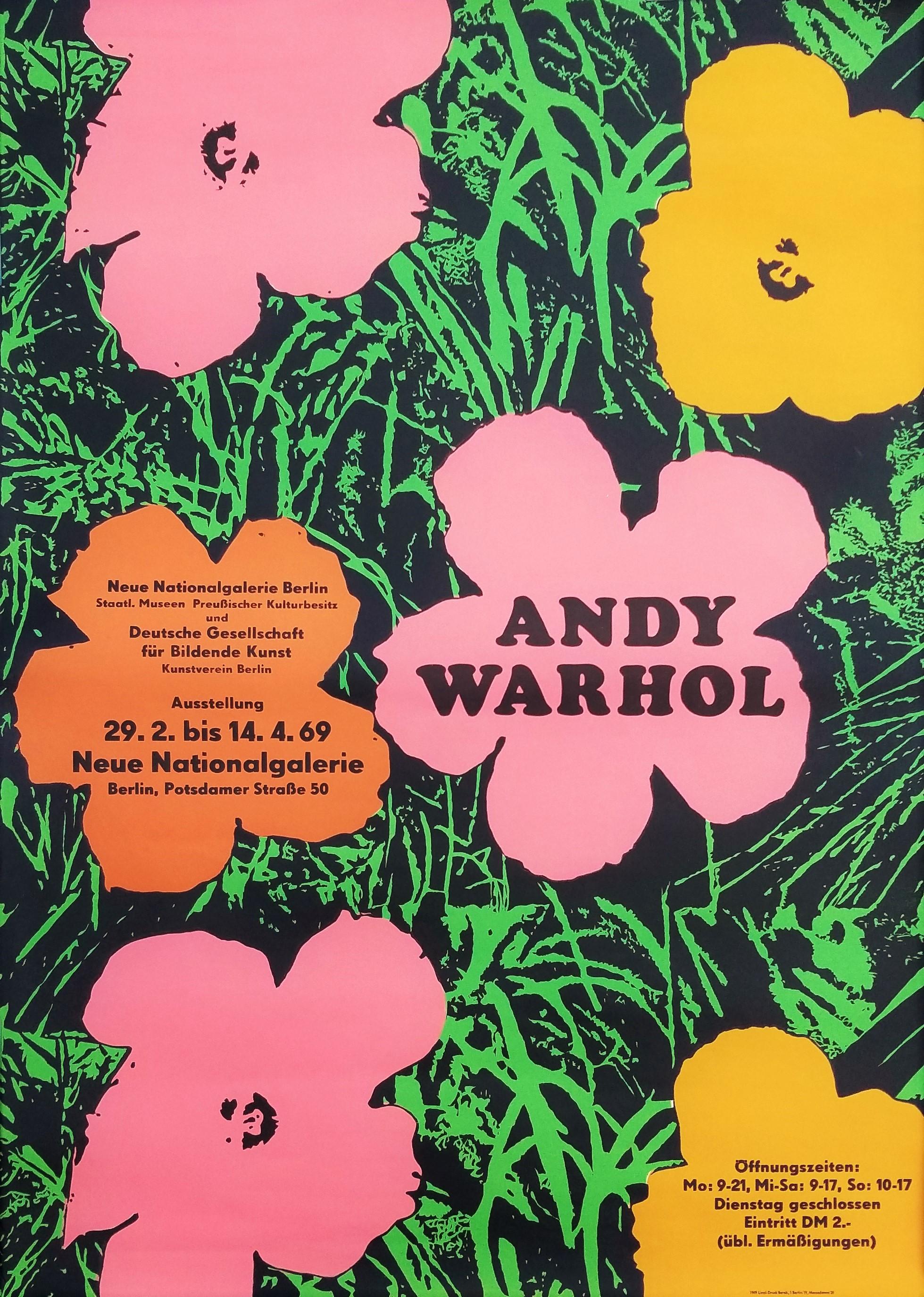 Artist: (after) Andy Warhol (American, 1928-1987)
Title: "Neue Nationalgalerie (Flowers)"
Year: 1969
Medium: Original Linocut, Exhibition Poster on light wove paper
Limited edition: Unknown
Printer: Linol-Druck Berek, Berlin, Germany
Publisher: Neue