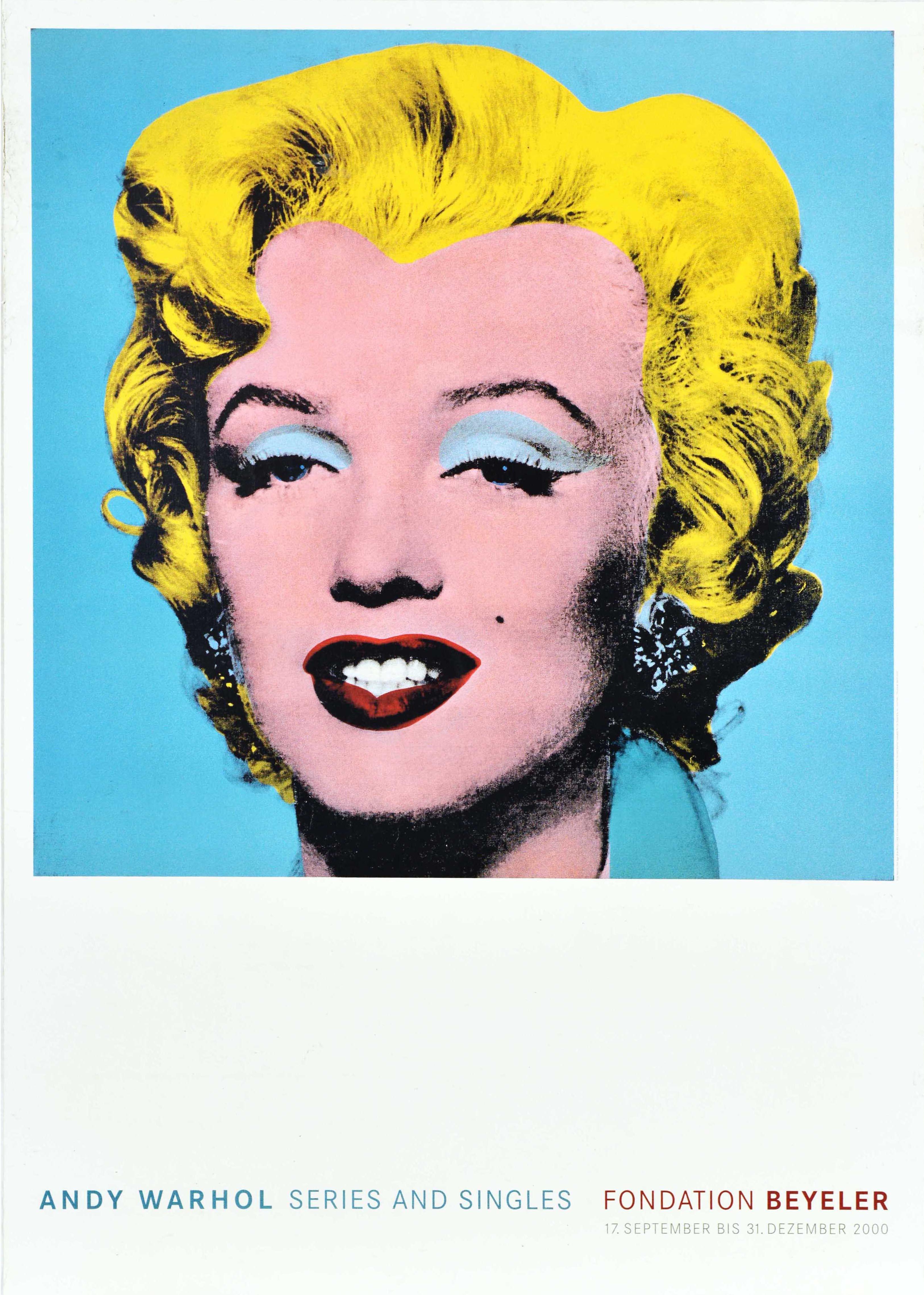 Original vintage advertising poster for an Andy Warhol Series and Singles Exhibition at the Fondation Beyeler from 17 September to 31 December 2000 featuring an iconic pop art design by the notable artist Andy Warhol (1928-1987) showing a colourful