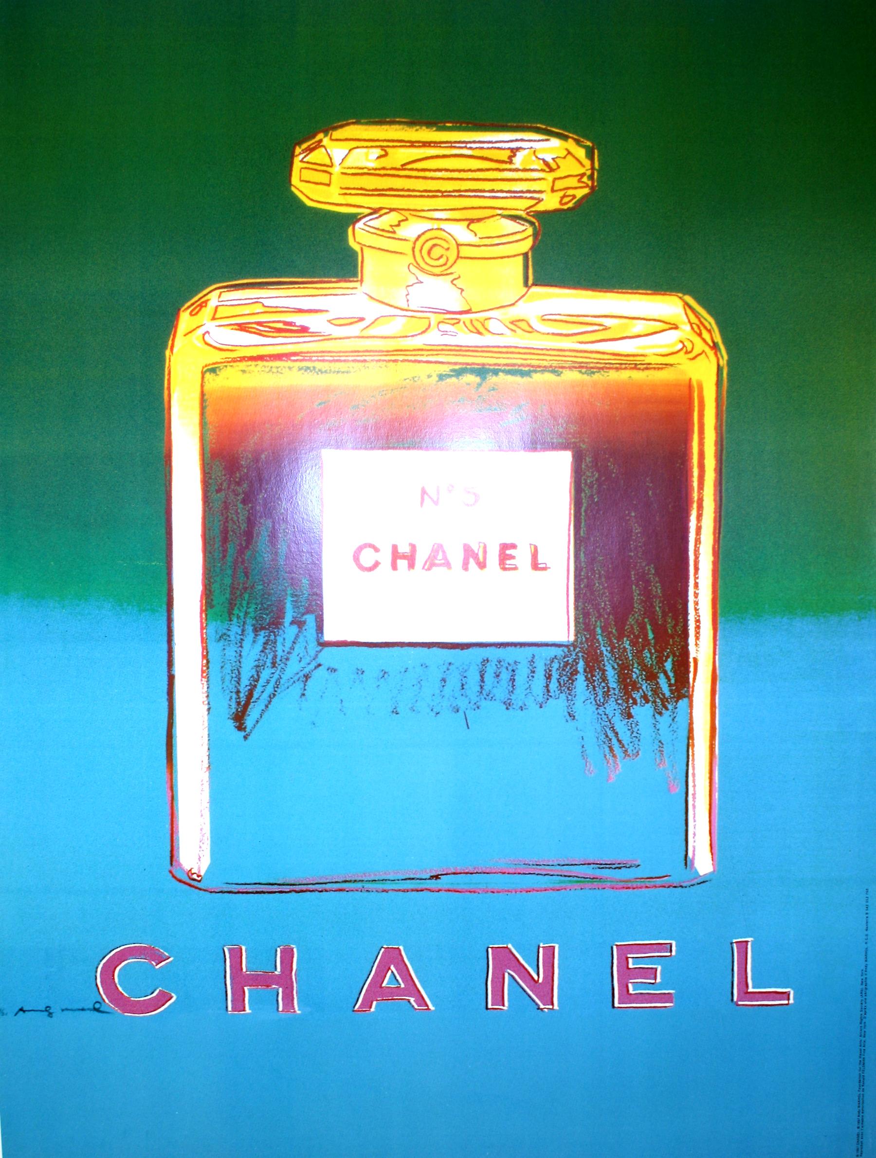 This poster, part of a series by Andy Warhol for Chanel No. 5 features the sophisticated design of the bottle in the center of the image. Aiming for simplicity, the bottle is the focal point of the poster with a green to turquoise gradient in the