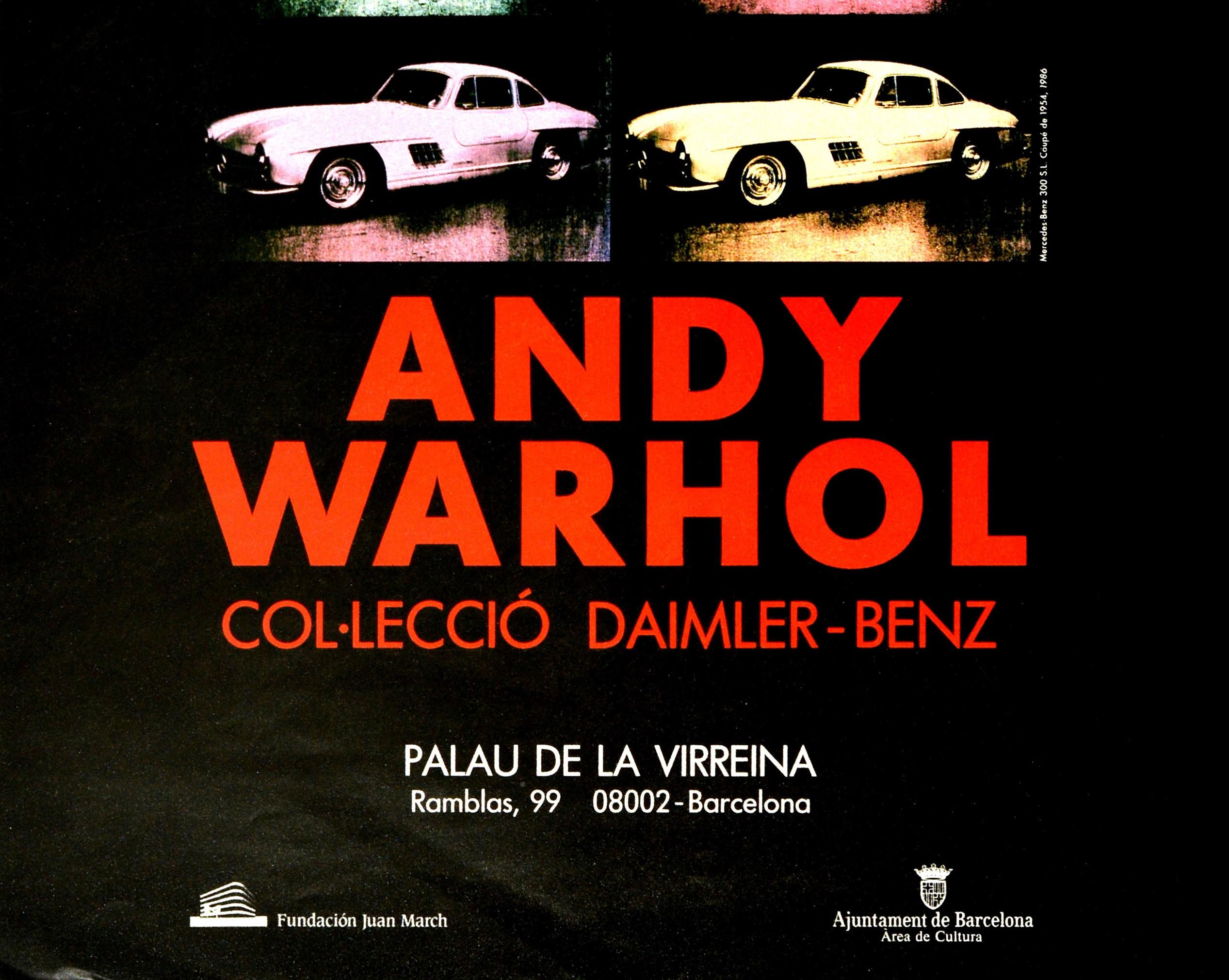 Original vintage poster promoting the Cars exhibition of Andy Warhol's art from the collection of Daimler Benz featuring a great Pop Art image of the iconic Mercedes Benz 300SL gullwing car in different bright colours against the black background
