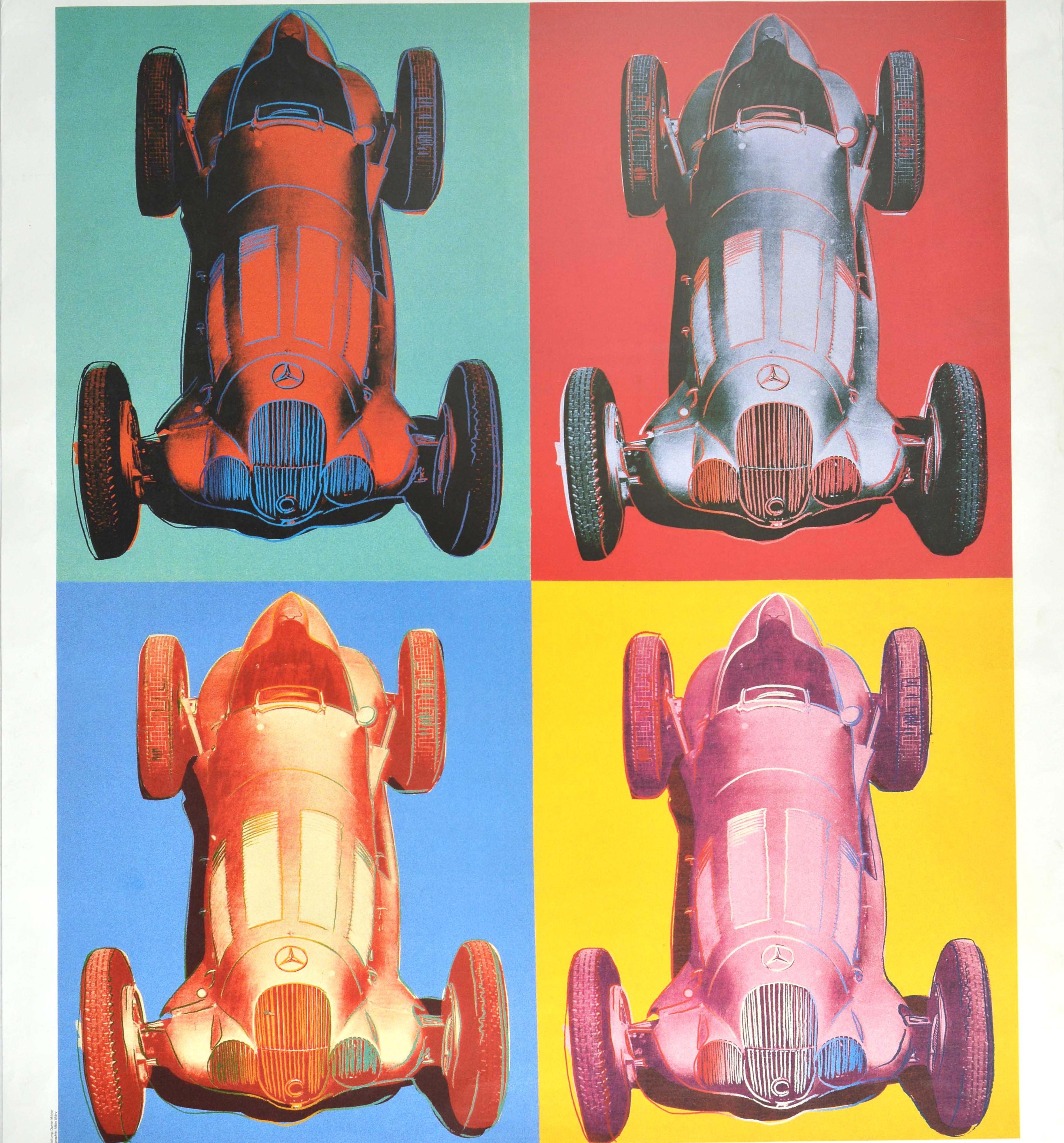 Original vintage advertising poster for an exhibition of Andy Warhol Cars at the Kunstmuseum Bern from 2 March to 29 April 1990 on loan from the collection of Daimler Benz featuring a colourful iconic design by the notable American pop artist Andy