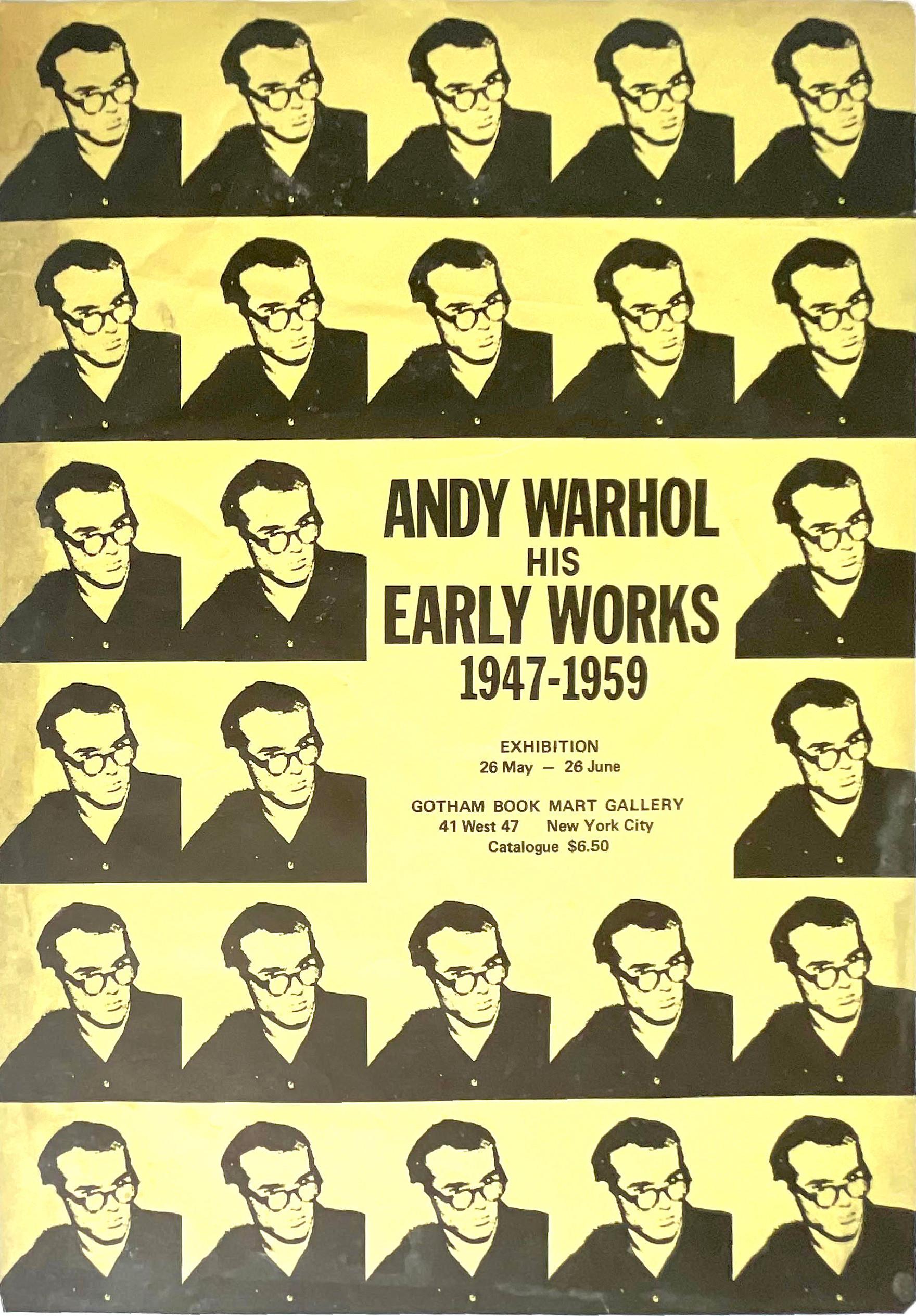 Andy Warhol
Seltene Breitseite zur Gotham Bookmart-Ausstellung "Andy Warhol His Early Works, 1947 - 1959", 1971
Offsetlithografie-Poster 
18 × 12 1/2 Zoll
Ungerahmt (nicht signiert)
Dieses Plakat wurde zu Warhols Lebzeiten unter seiner Aufsicht und