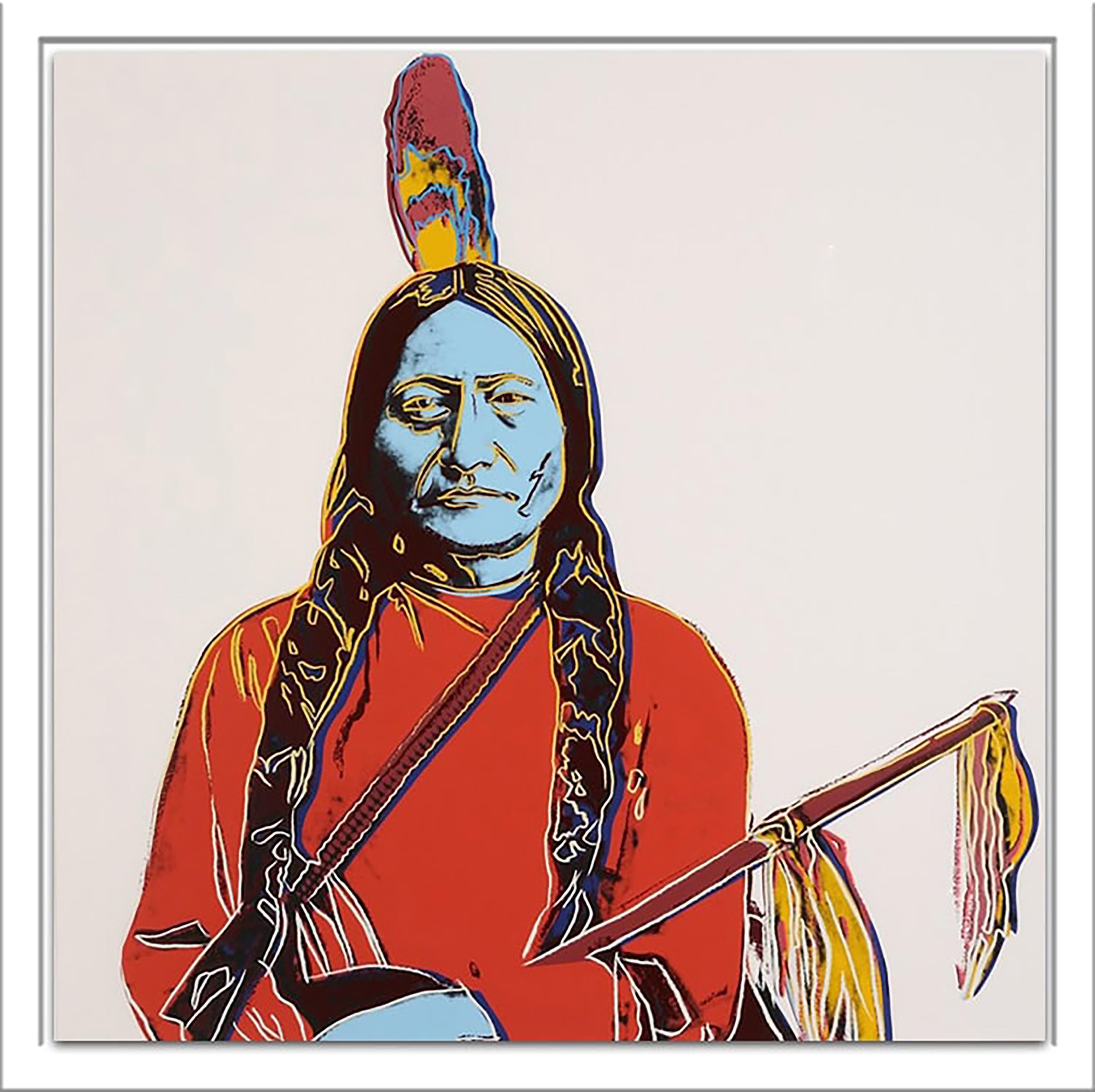 Andy Warhol Sitting Bull, 1986 shows the Sioux chief in a frontal facing portrait. His gaze is turned toward the viewer, and the focus on him is made clear as he stands out against a stark, colorless background. The colors in this work, strong