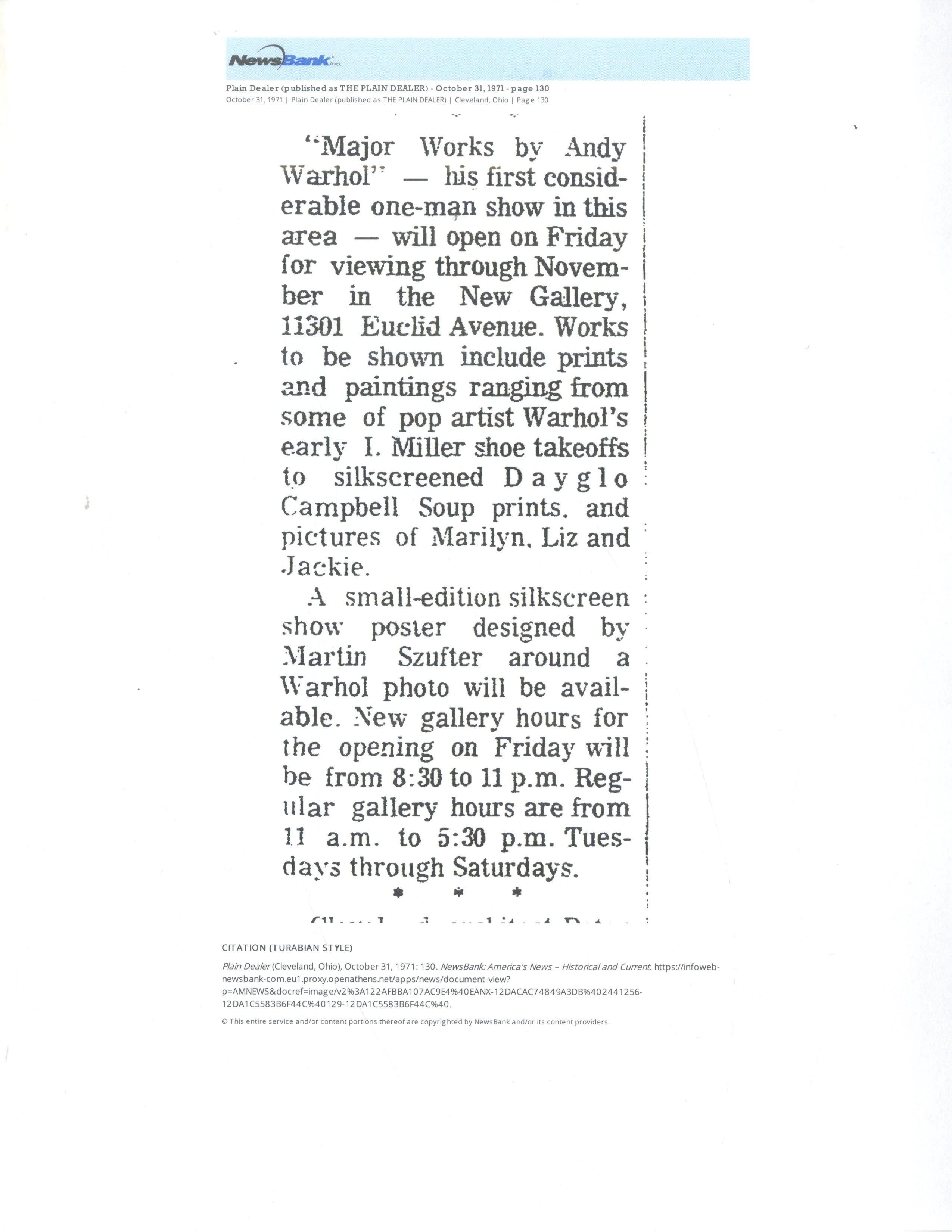 Historisches LtEd-Ausstellungsplakat für die Andy Warhol-Ausstellung 1971 New Gallery Agnes Gund – Print von Martin Szufter