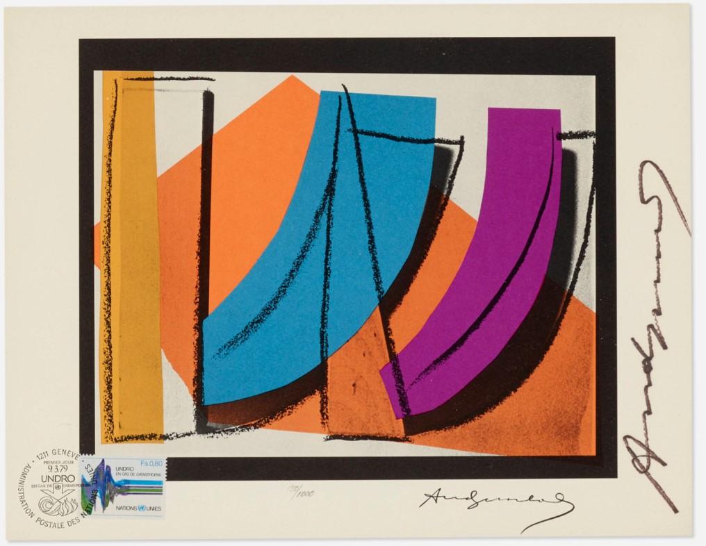 Andy Warhol 1928-1987
UN-Stempel
1979
Offsetlithographie in Farben auf BFK Rives
8½ h × 11 b in (22 × 28 cm)

Signiert und nummeriert am unteren und rechten Rand 