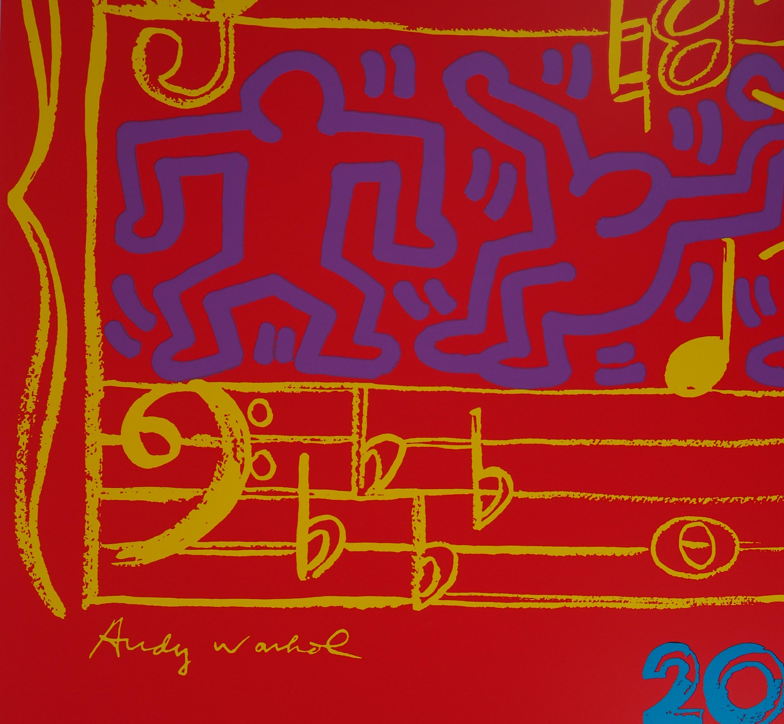 WARHOL & HARING - Jazz, Dancing on Music Sheet - Screenprint Poster, Montreux - Print by Andy Warhol