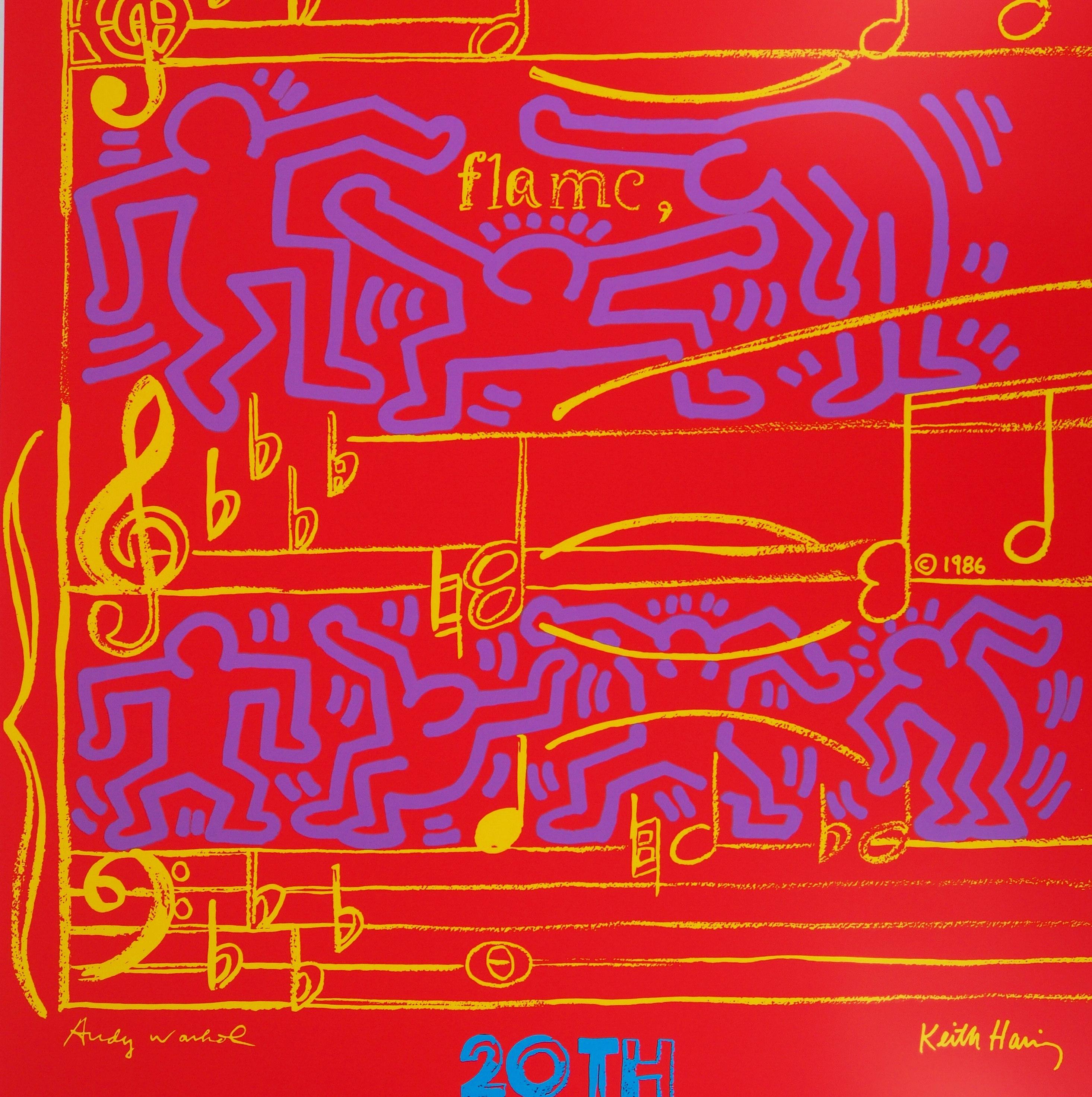 Andy WARHOL and Keith HARING
Jazz, Dancing on Music Sheet, 1986

Screenprint
Printed signature in the plate
On heavy paper 100 x 70 cm (c. 40 x 28 in)
Created by Haring for the Montreux Jazz Festival - vintage edition

Excellent condition