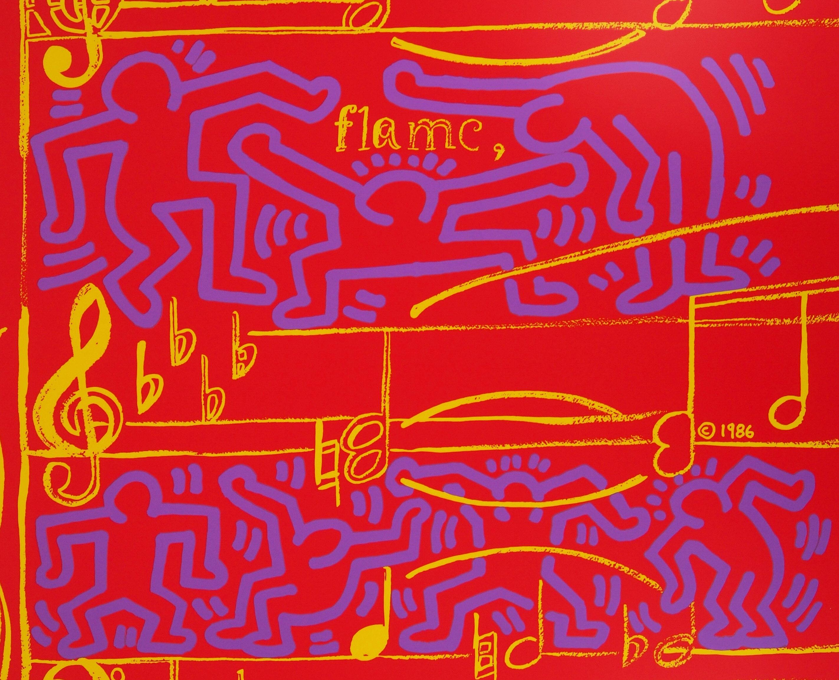 Andy WARHOL and Keith HARING
Jazz, Dancing on Music Sheet, 1986

Screenprint
Printed signature in the plate
On heavy paper 100 x 70 cm (c. 40 x 28 in)
Created by Haring for the Montreux Jazz Festival - vintage edition

Excellent condition