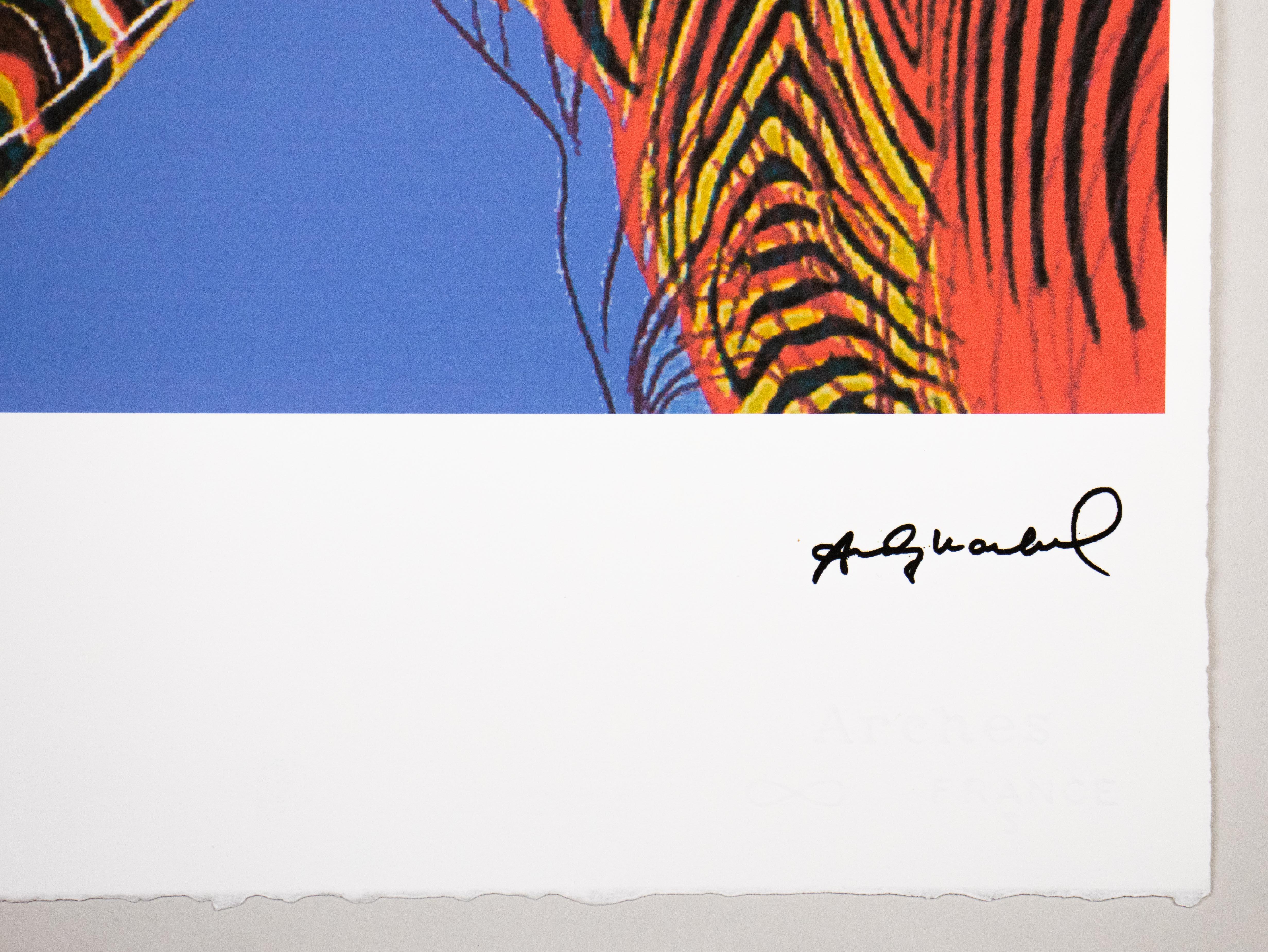 ANDY WARHOL – Zebra
Rare and limited 1980s edition by Georges Israel Editeur Paris/Leo Castelli New York

Only 100 copies total (here 26/100).
Original lithograph on handmade Arches paper incl. watermark.

Signed in plate.
Edition hand numbered in