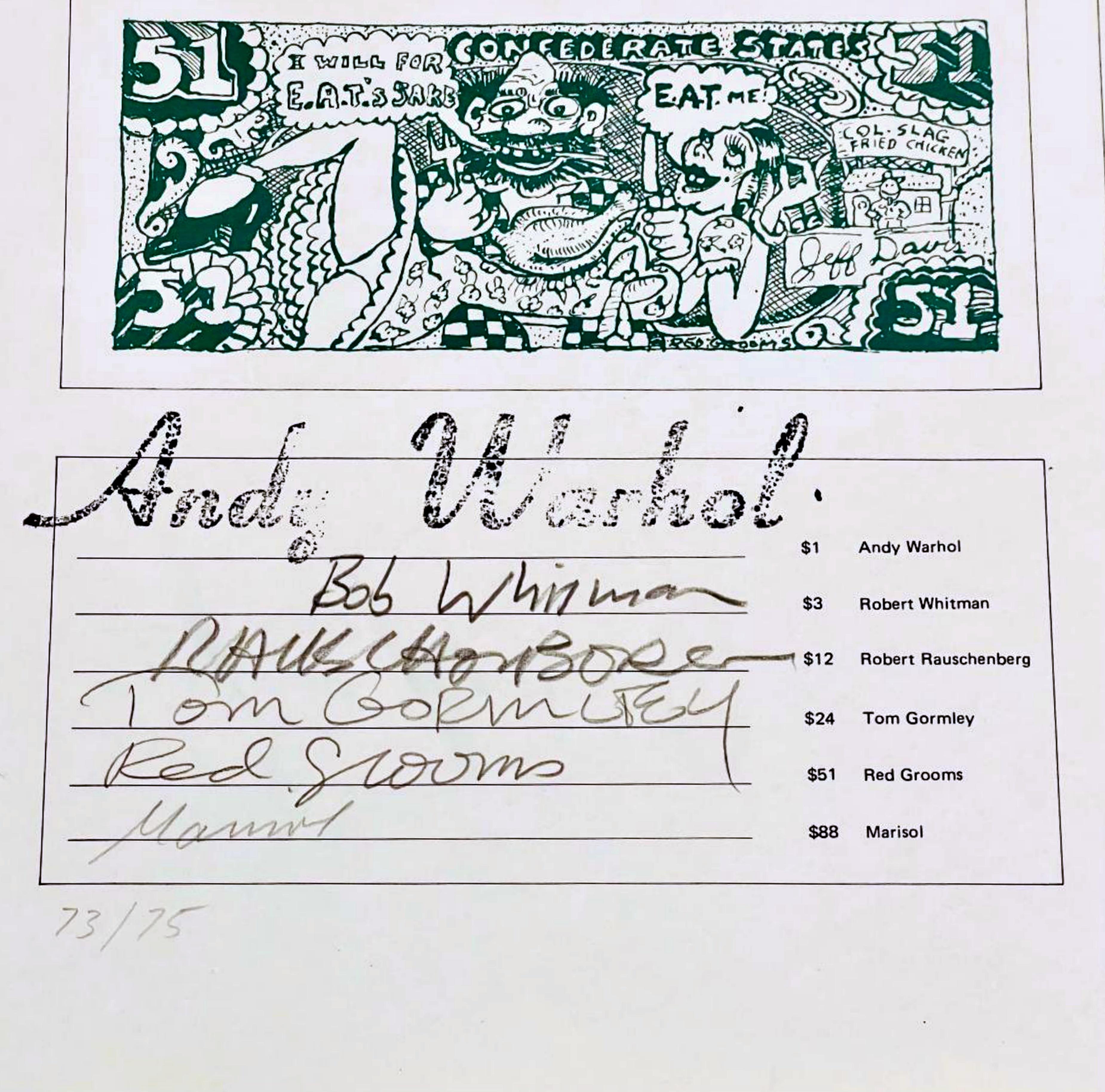 ART CASH, double-sided Andy Warhol, Robert Rauschenberg, Marisol, Red Grooms S/N - Pop Art Print by Andy Warhol, Robert Whitman, Robert Rauschenberg, Red Grooms, Marisol and Tom Gormley