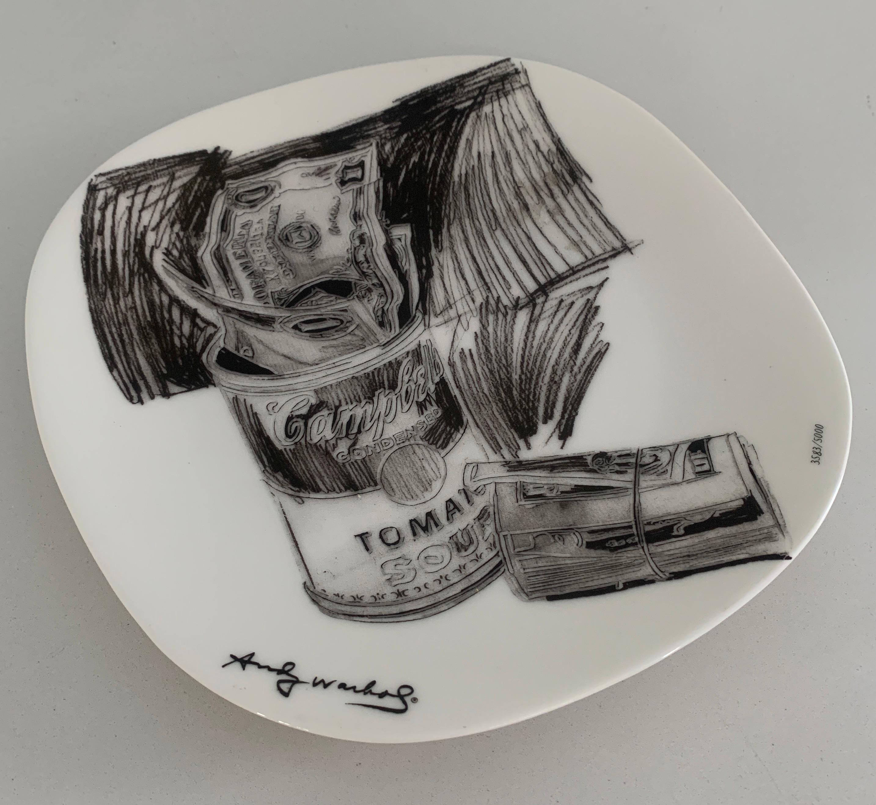 Hand-Crafted Andy Warhol Signed and Numbered Campbell's Soup. Can and Dollar Bills Plate