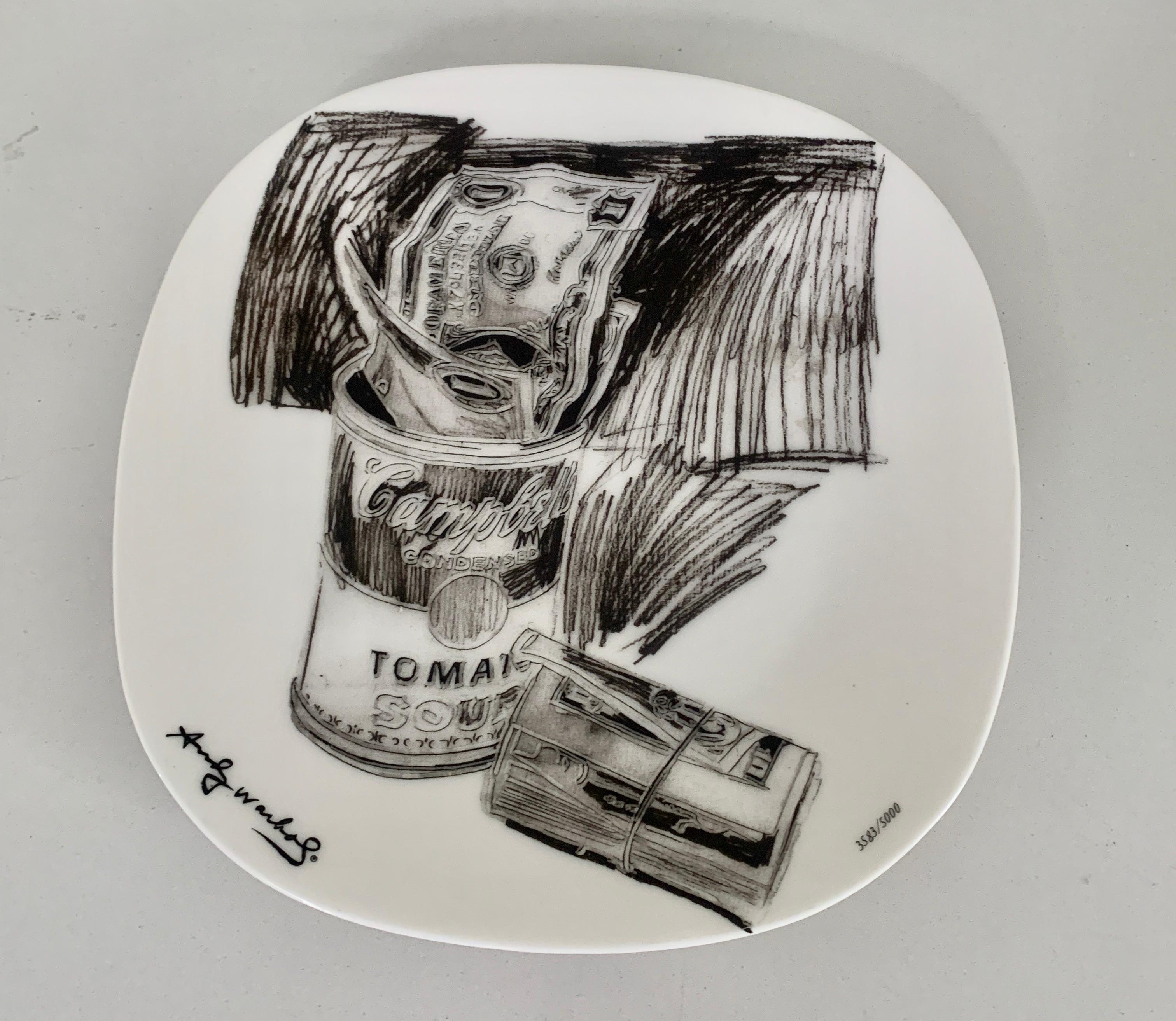 20th Century Andy Warhol Signed and Numbered Campbell's Soup. Can and Dollar Bills Plate
