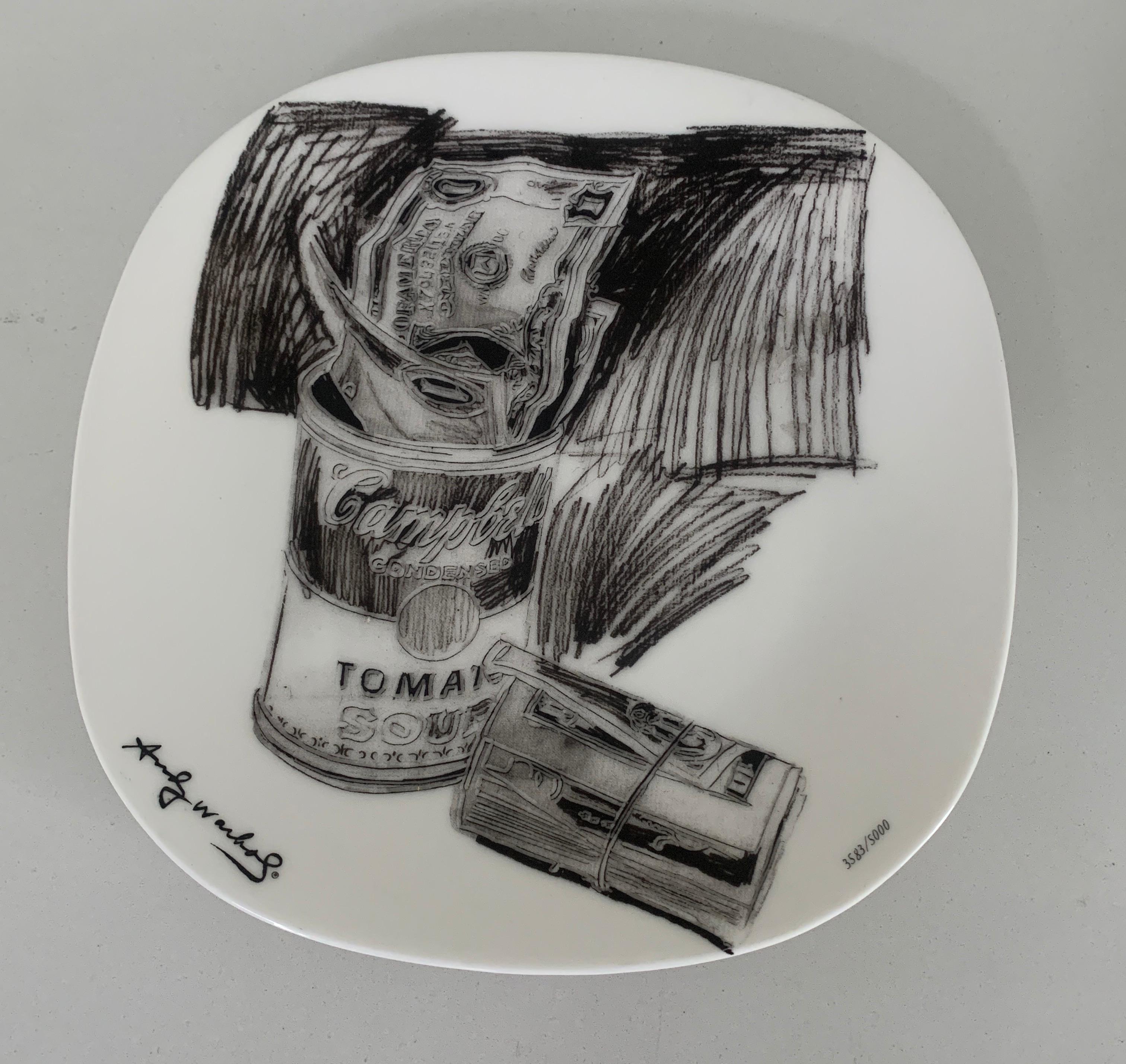 Porcelain Andy Warhol Signed and Numbered Campbell's Soup. Can and Dollar Bills Plate