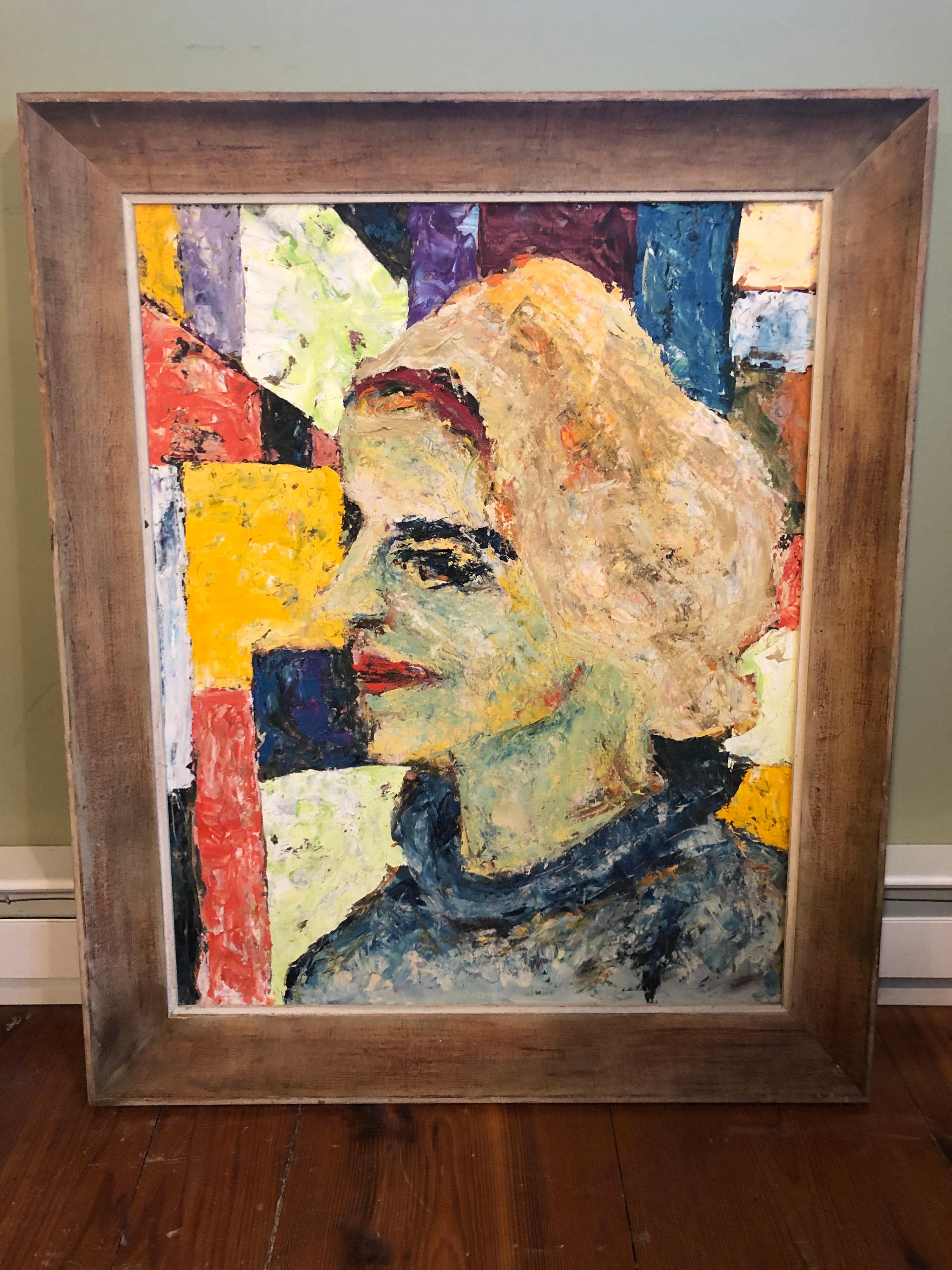Andy Warhol Style Portrait of a Woman. Heavy impasto painting on board. She reminds us of Jackie O with a headband but with white hair. Impressive large composition. This can parcel ship domestically for $69.