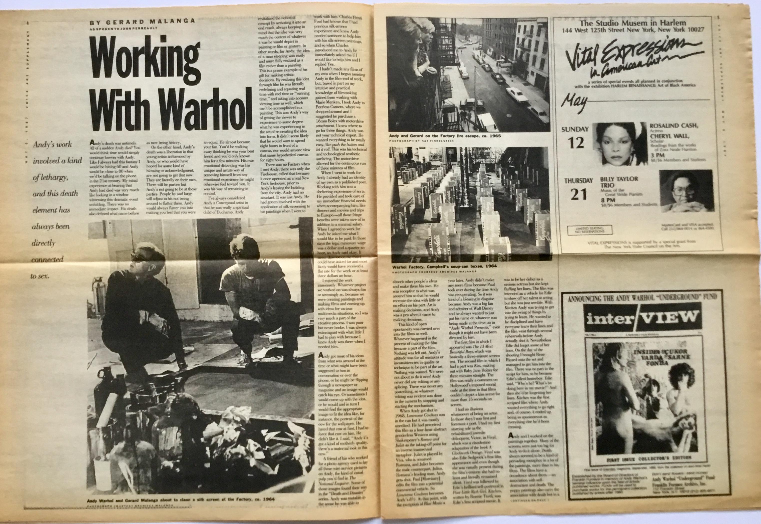 The village voice spring art supplement from May 1987 takes a look at Andy Warhol and his practices. This piece features photos of Warhol in his studio “The Factory”, as well as an interview. This piece is perfect for any Andy Warhol fan and would